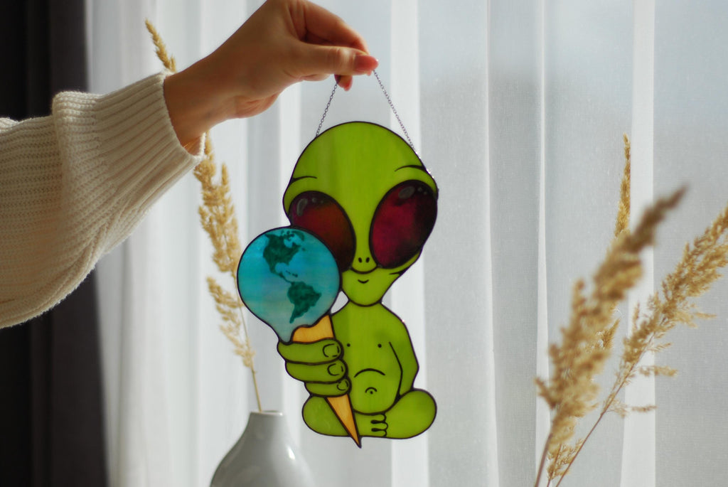 Stained Glass Alien Suncatcher, Earth Ice Cream, Space Window Decor