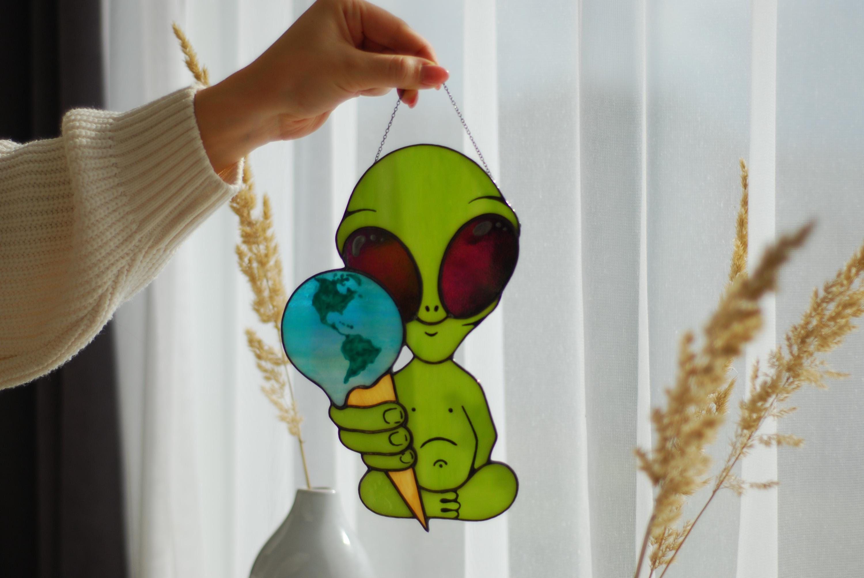Stained Glass Alien Suncatcher, Earth Ice Cream, Space Window Decor