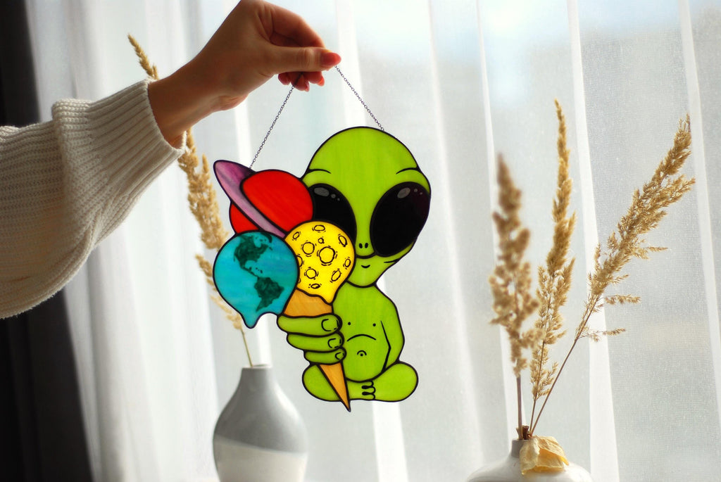 Stained Glass Alien Suncatcher | Ice Cream Planets, Cosmic Window Decor