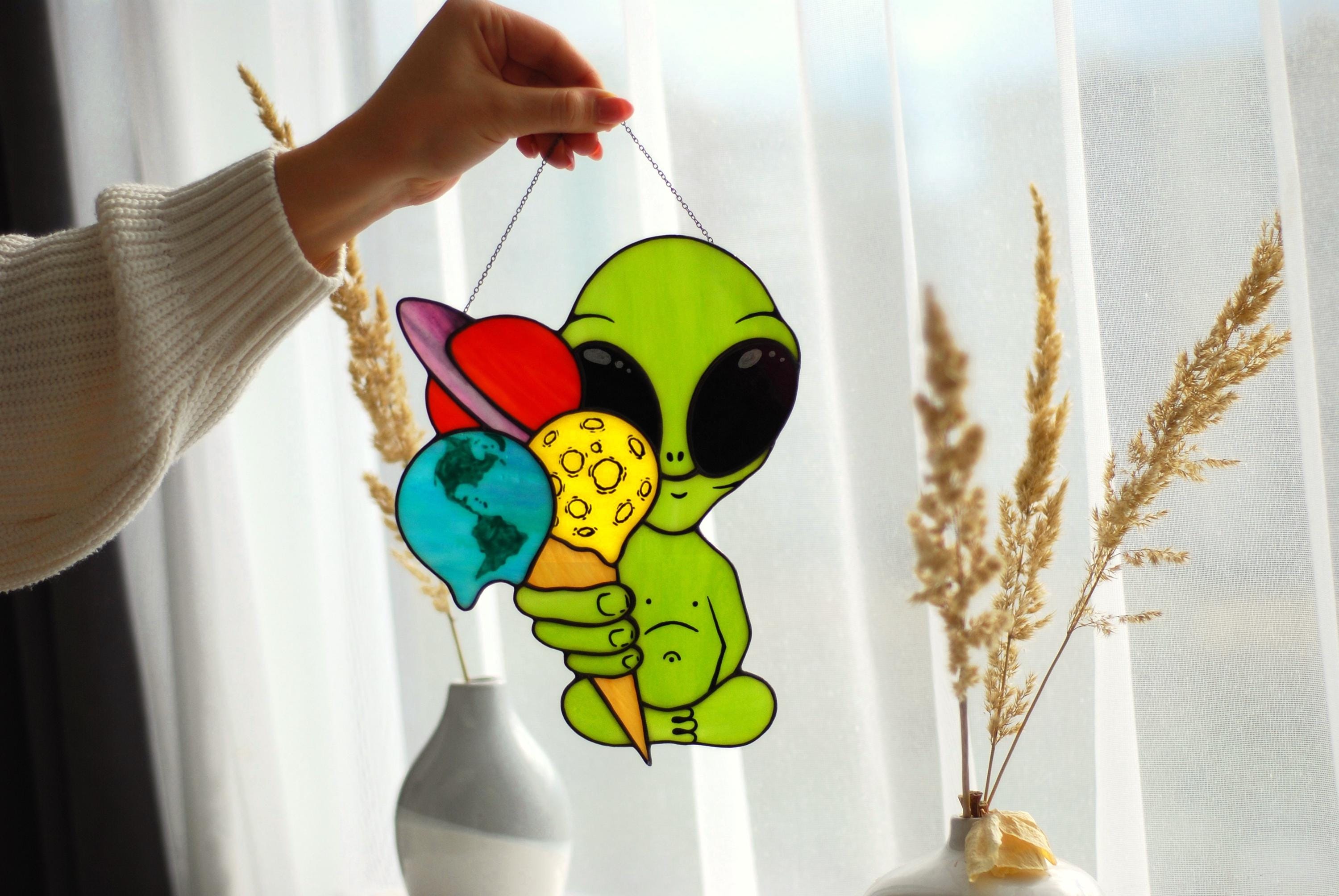 Stained Glass Alien Suncatcher | Ice Cream Planets, Cosmic Window Decor