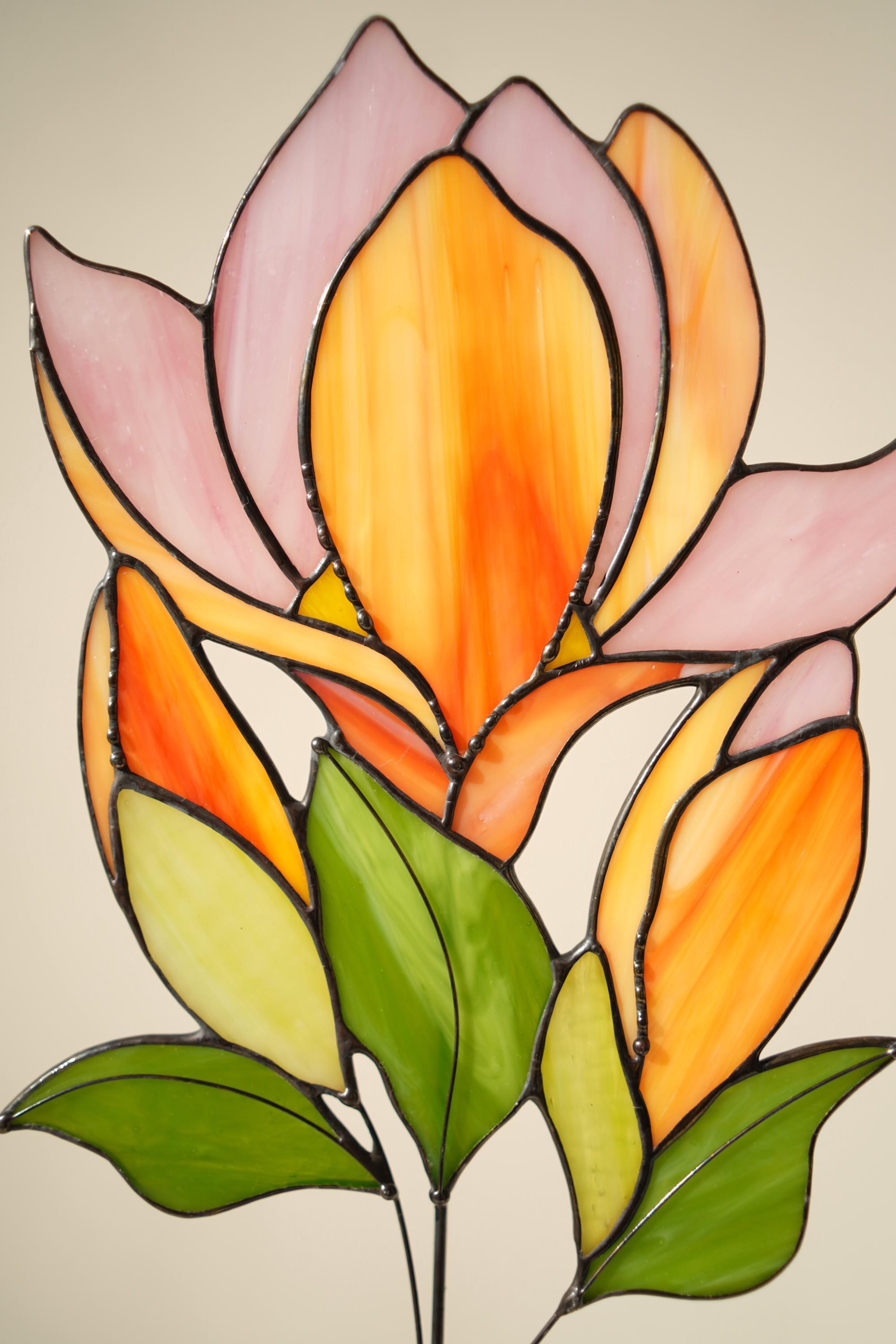 Handmade Stained Glass Magnolia Flower Sculpture, Floral Table Decor