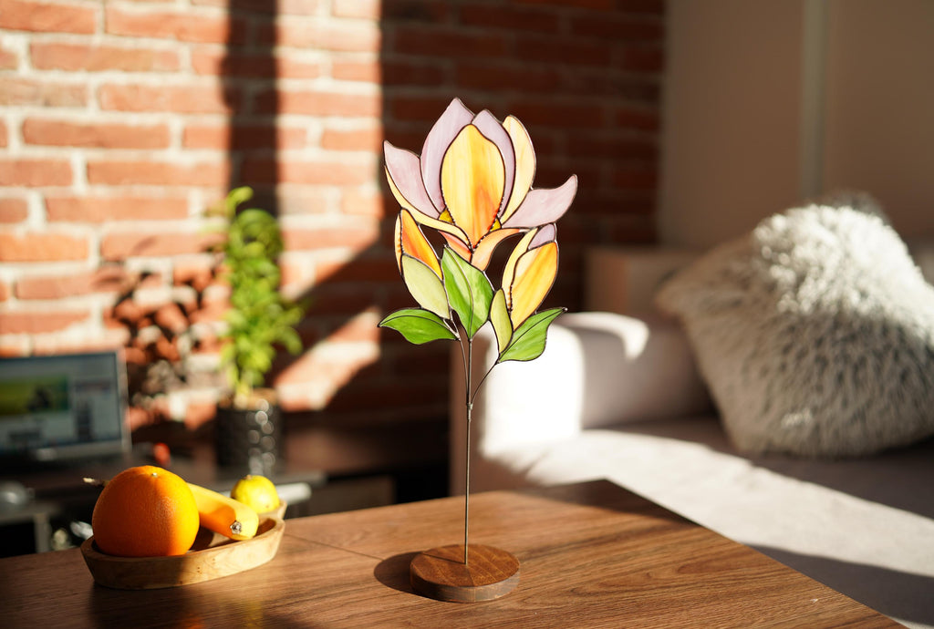 Handmade Stained Glass Magnolia Flower Sculpture, Floral Table Decor