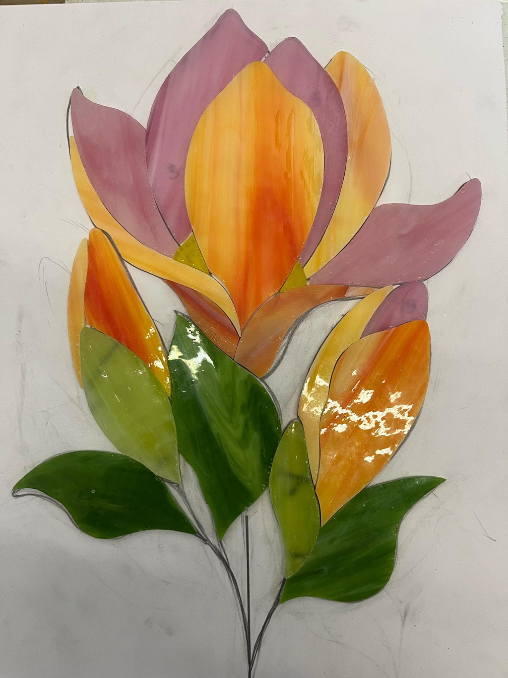 Handmade Stained Glass Magnolia Flower Sculpture, Floral Table Decor
