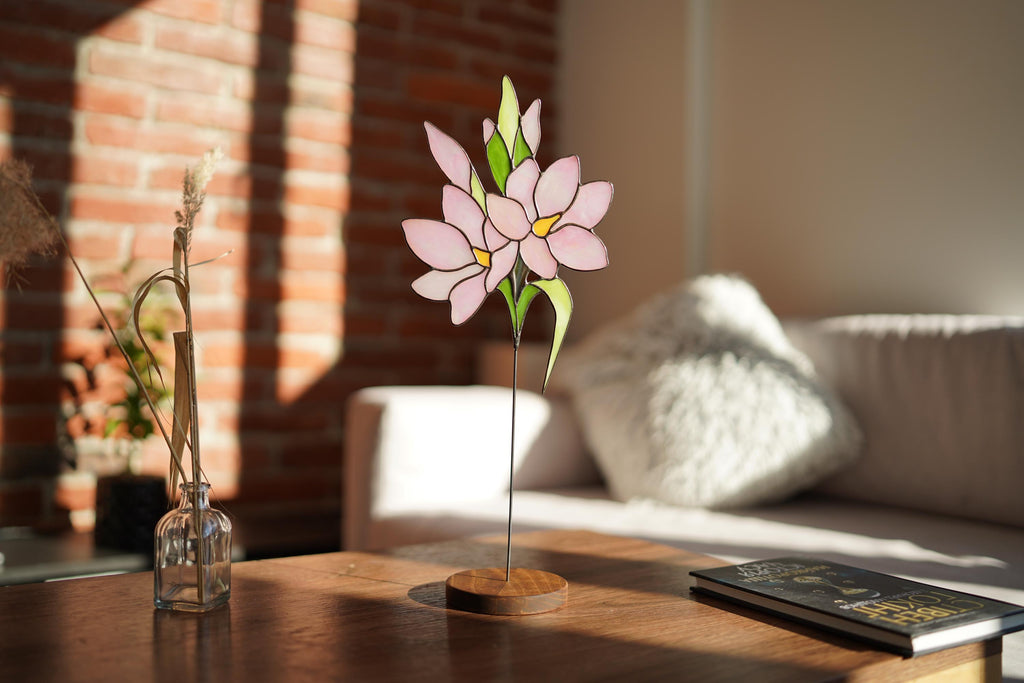 Stained Glass Pink Flowers on Wooden Stand, Tiffany Style Floral Suncatcher, Handmade Personalized gift, Glass Art, Table Windowsill decor