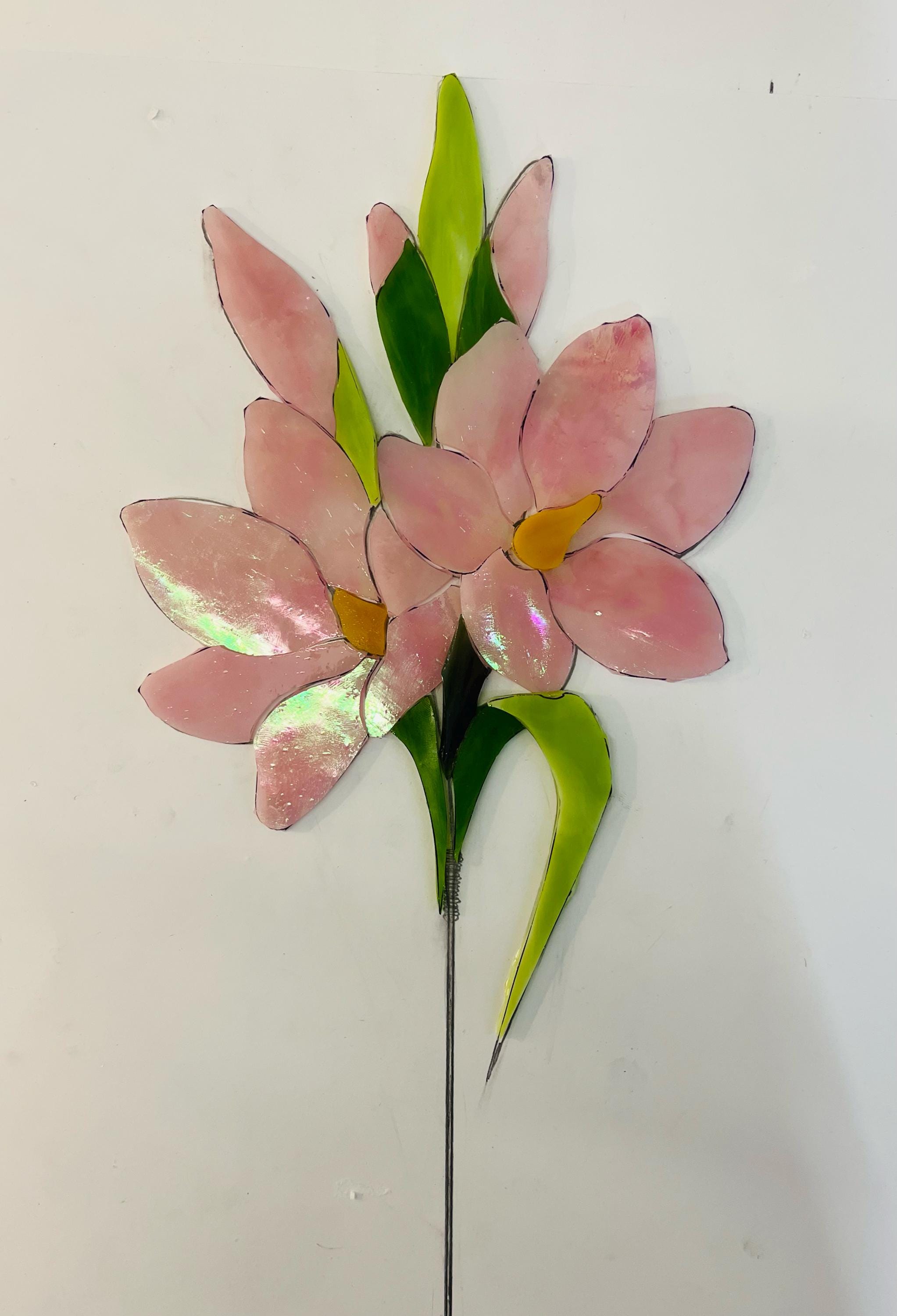 Stained Glass Pink Flowers on Wooden Stand, Tiffany Style Floral Suncatcher, Handmade Personalized gift, Glass Art, Table Windowsill decor