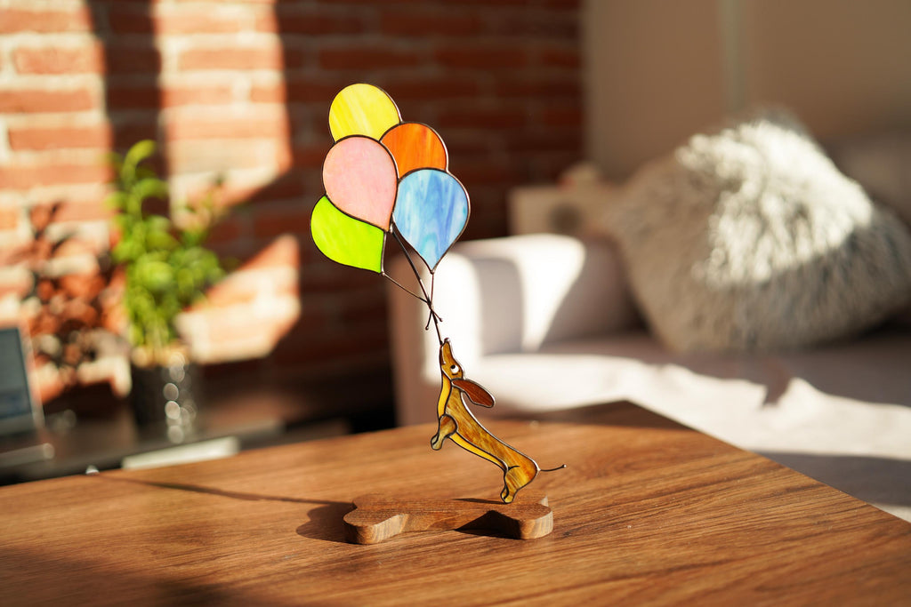Stained Glass Dachshund with Balloons 13x6 Inch, Handmade Figurine for Dog Lovers, Unique Personalized Gift, Tiffany Glass Sculpture