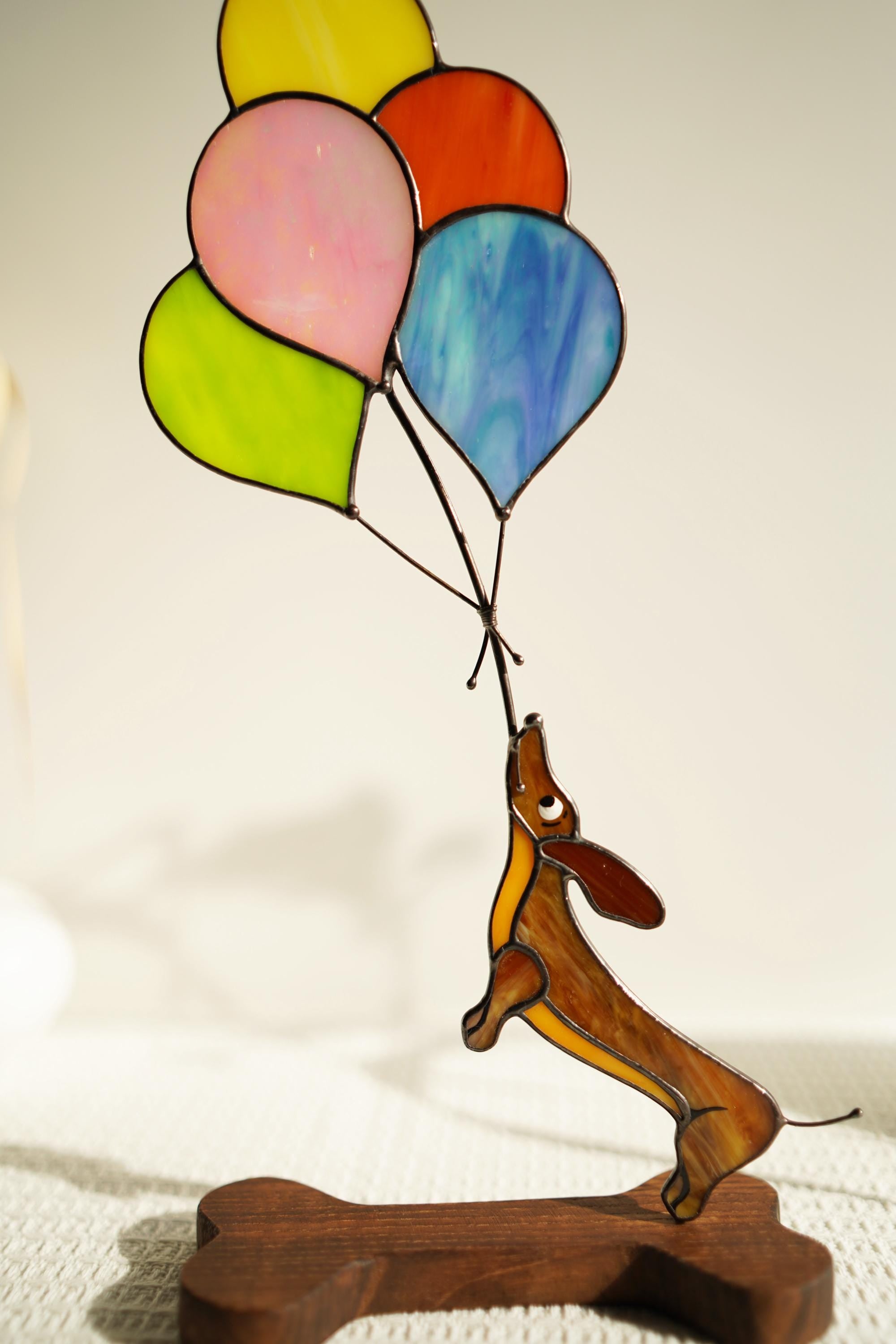 Stained Glass Dachshund with Balloons 13x6 Inch, Handmade Figurine for Dog Lovers, Unique Personalized Gift, Tiffany Glass Sculpture