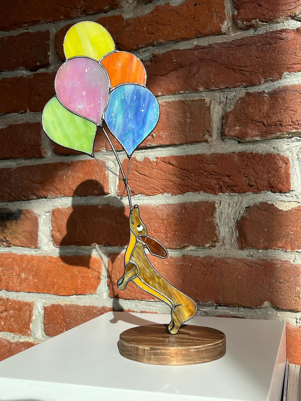 Stained Glass Dachshund with Balloons 13x6 Inch, Handmade Figurine for Dog Lovers, Unique Personalized Gift, Tiffany Glass Sculpture