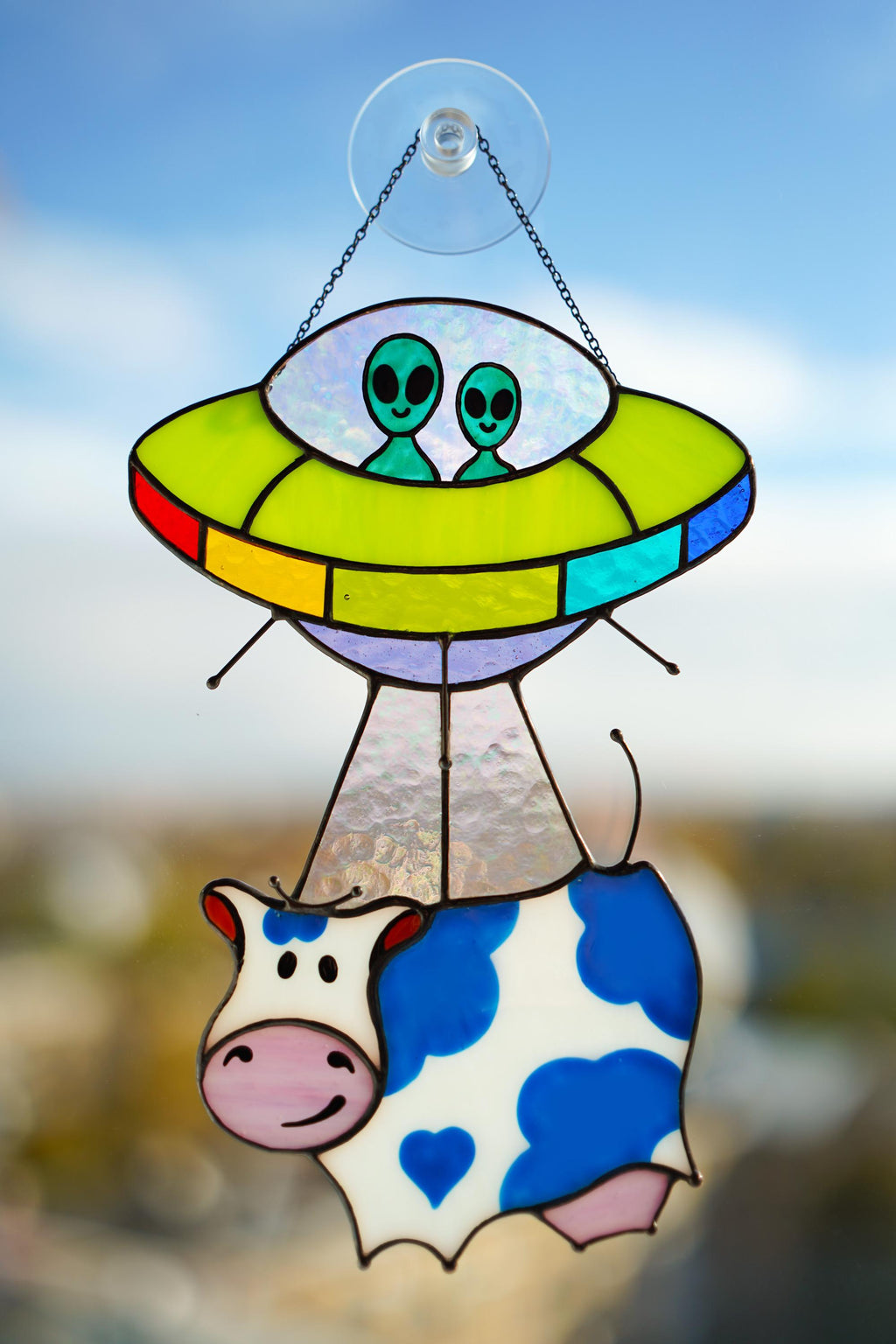 Stained Glass UFO Cow Abduction Suncatcher, Funny Alien Decor Handmade Window Hangings, Tiffany Glass Art
