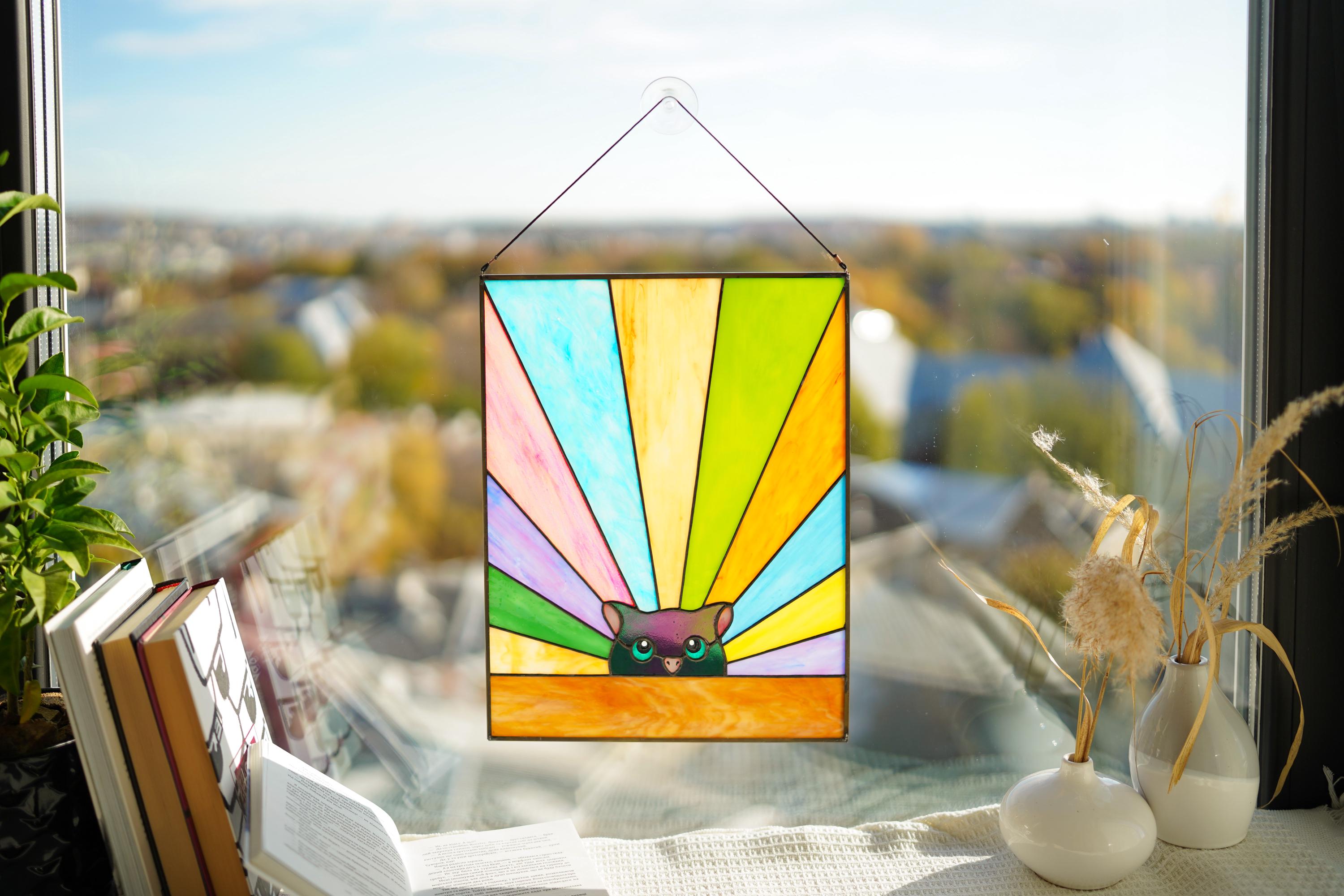Stained Glass Window Panel - Black Cat 13.8 × 10.8 in. Tiffany Style Rainbow Window Hangings, Mother’s Day gift, Handmade Suncatcher
