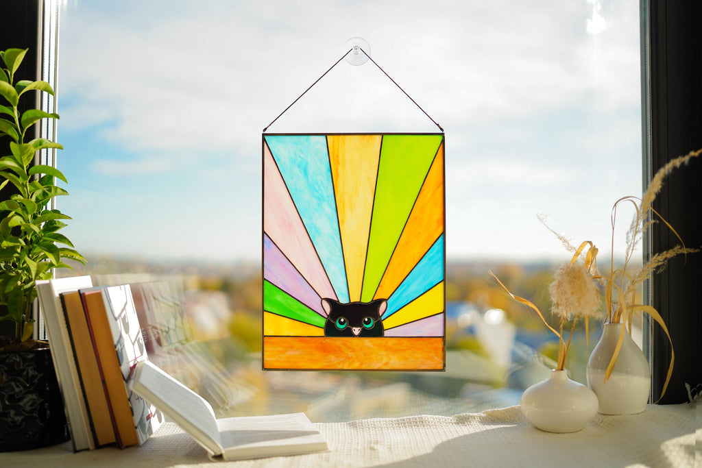 Stained Glass Window Panel - Black Cat 13.8 × 10.8 in. Tiffany Style Rainbow Window Hangings, Mother’s Day gift, Handmade Suncatcher