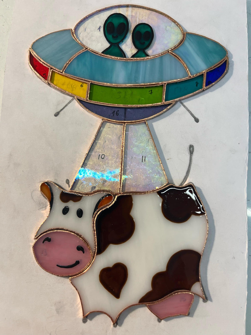 UFO Cow Abduction Stained Glass Suncatcher, Alien Spaceship Window Hanging, Funny Sci-Fi Home Decor, Quirky Glass Art Gift