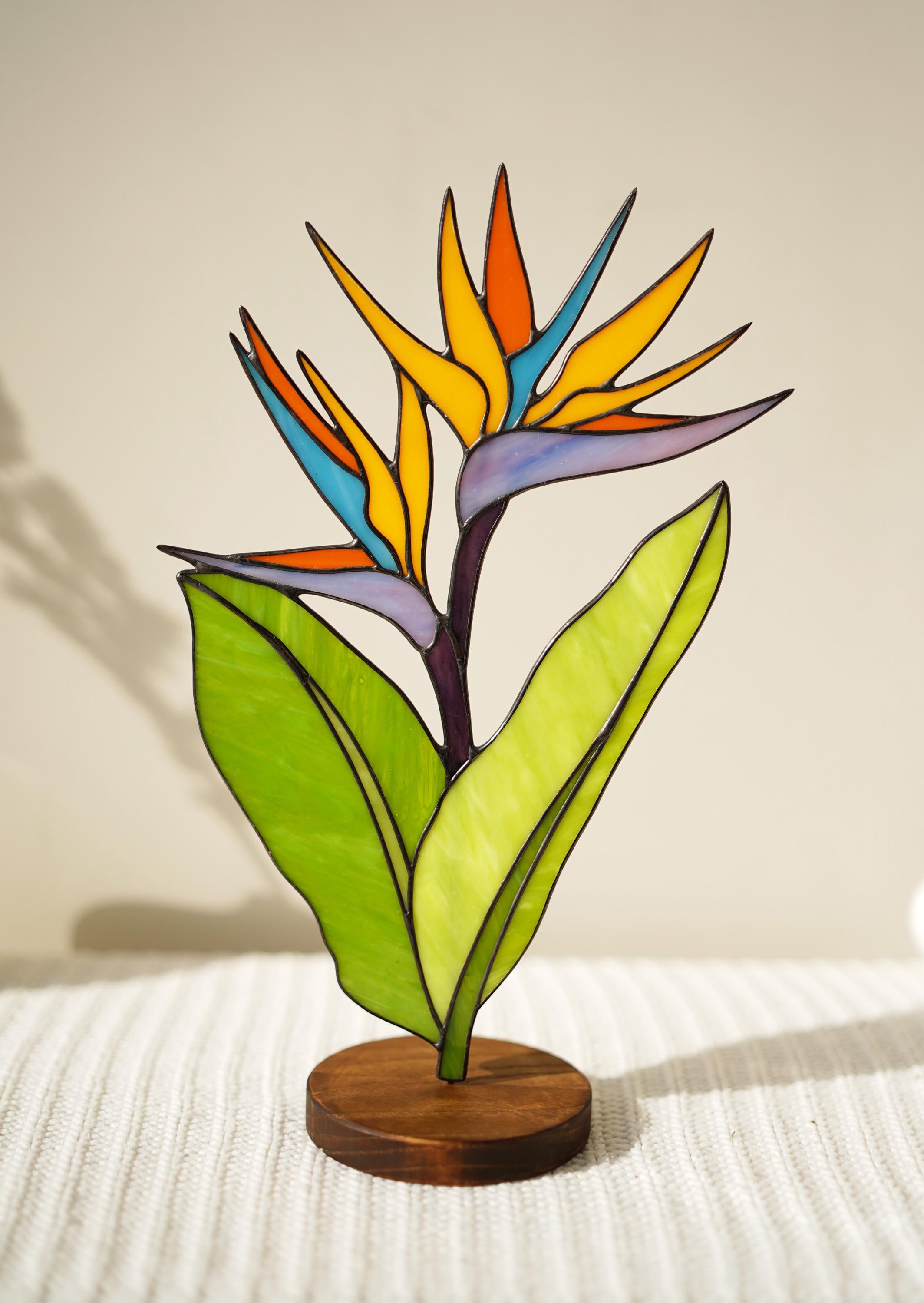 Stained Glass Bird of Paradise Flower Sculpture Tiffany Tropical Plant Decor Colorful Handmade Glass Art on Wooden Base Mother’s Day gift