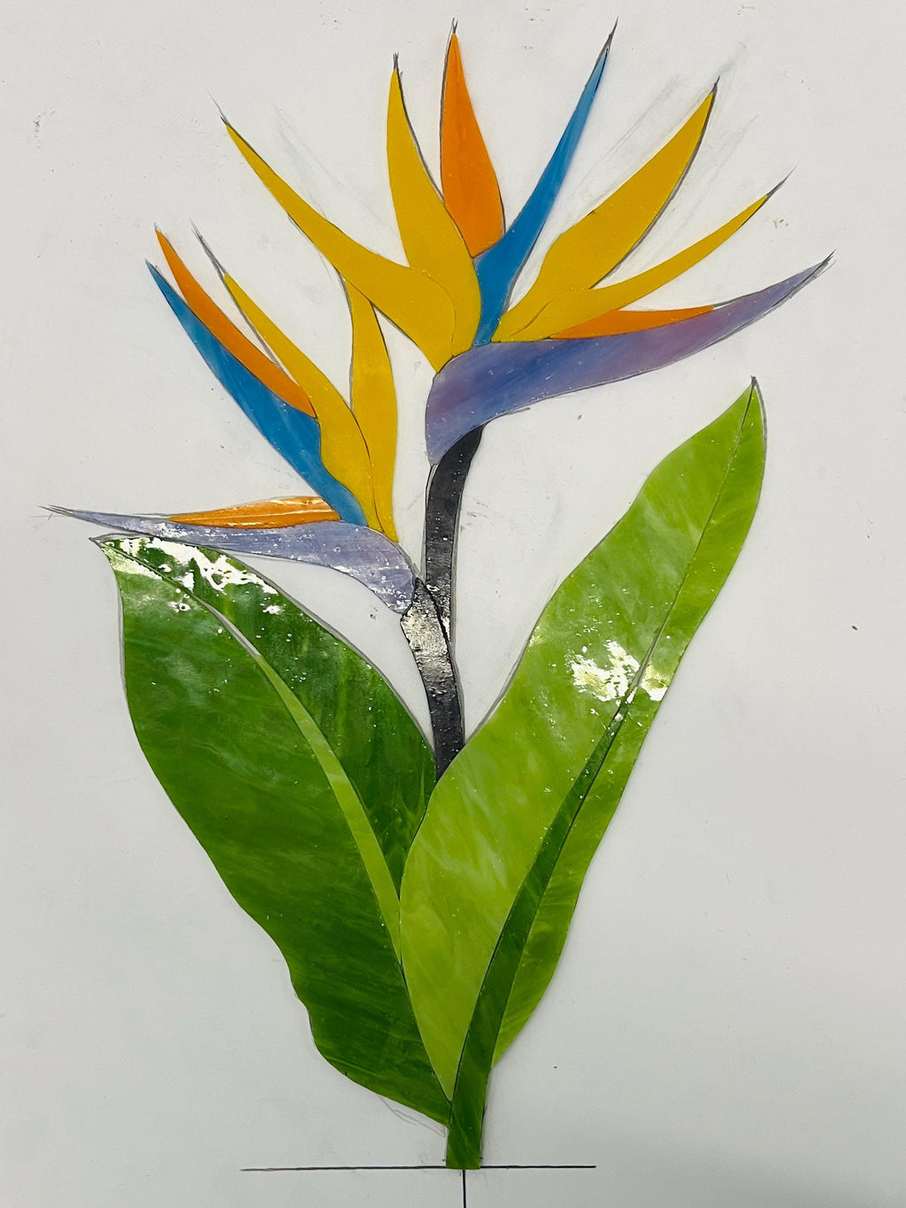Stained Glass Bird of Paradise Flower Sculpture Tiffany Tropical Plant Decor Colorful Handmade Glass Art on Wooden Base Mother’s Day gift