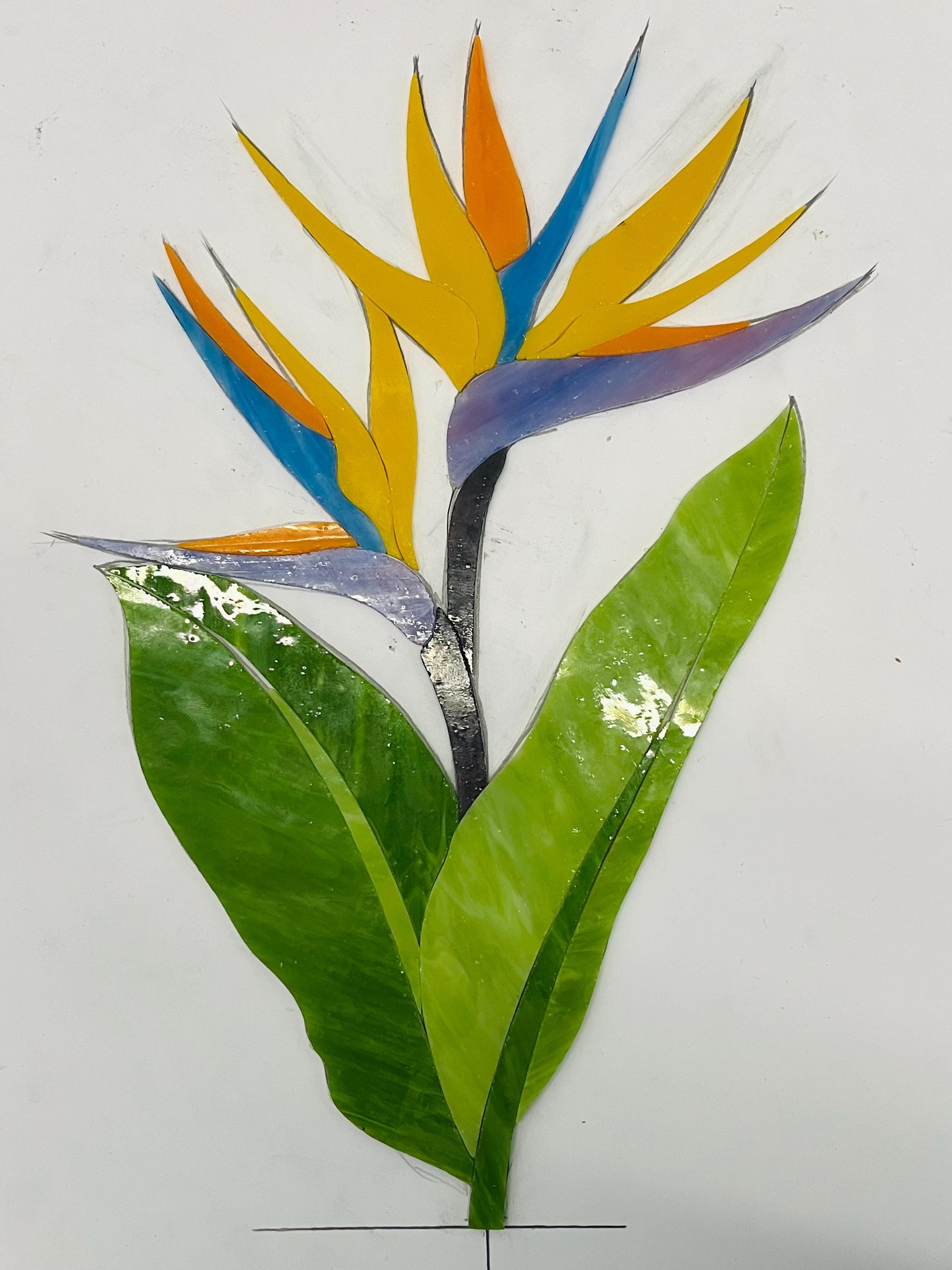 Stained Glass Bird of Paradise Flower Sculpture Tiffany Tropical Plant Decor Colorful Handmade Glass Art on Wooden Base Mother’s Day gift