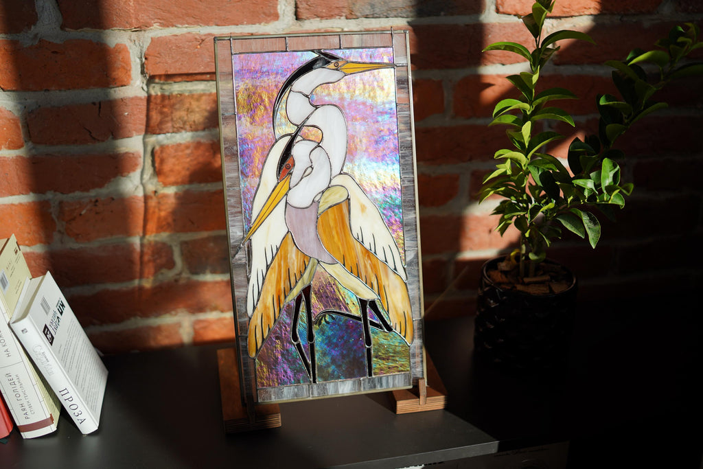 Handmade Stained Glass Heron Panel, Bird Window Hanging, Wooden Stand Included