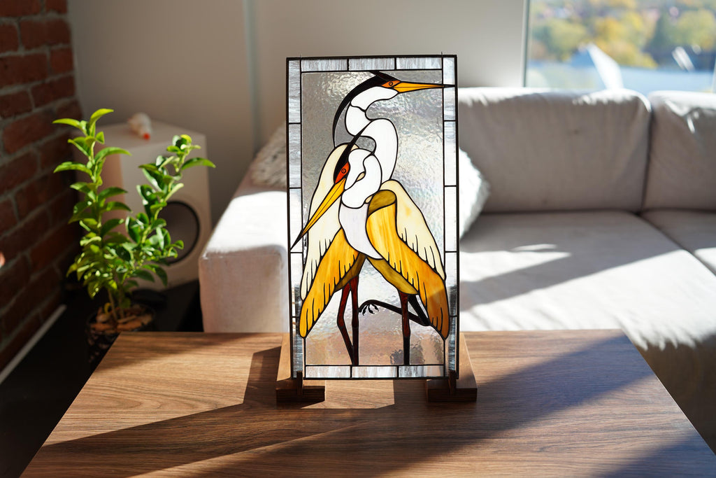 Handmade Stained Glass Heron Panel, Bird Window Hanging, Wooden Stand Included