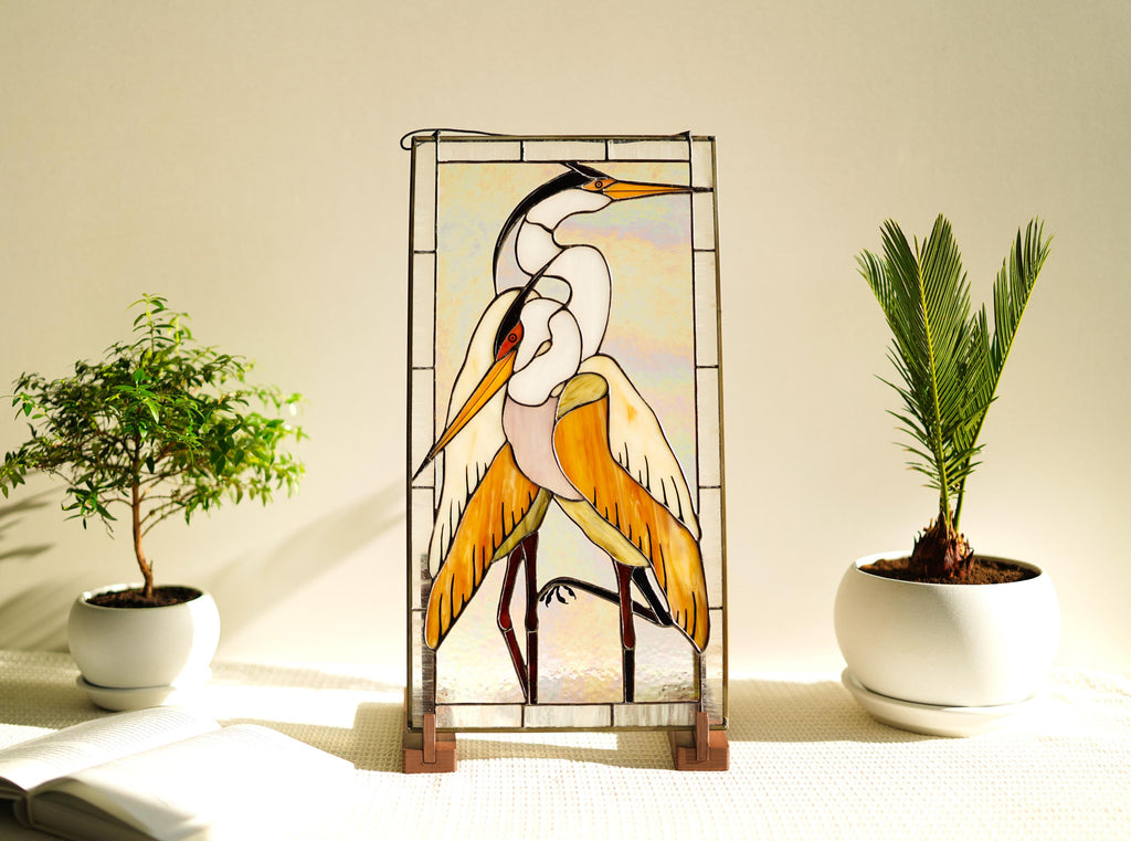 Handmade Stained Glass Heron Panel, Bird Window Hanging, Wooden Stand Included