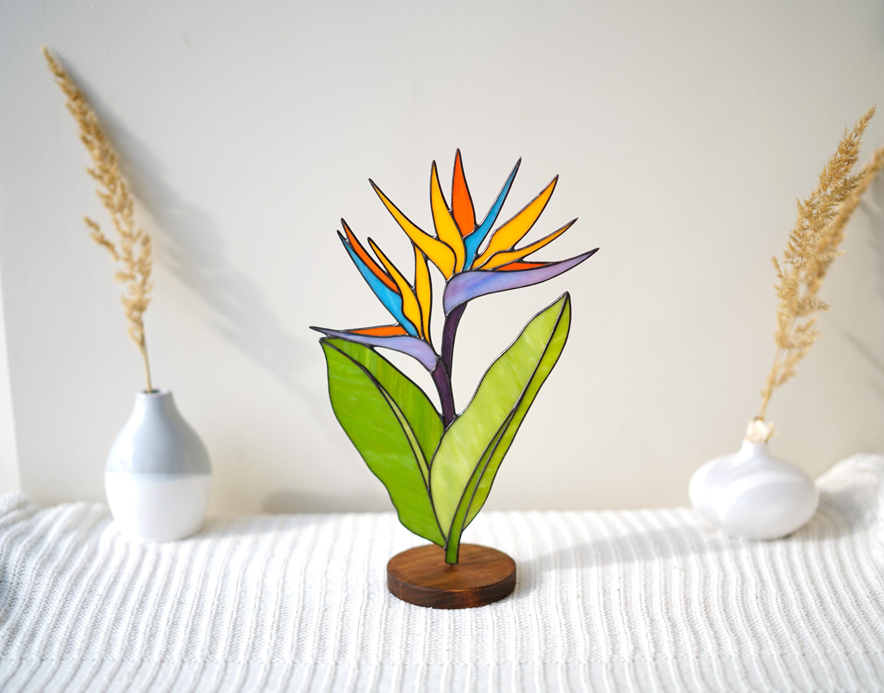 Stained Glass Bird of Paradise Flower Sculpture Tiffany Tropical Plant Decor Colorful Handmade Glass Art on Wooden Base Mother’s Day gift