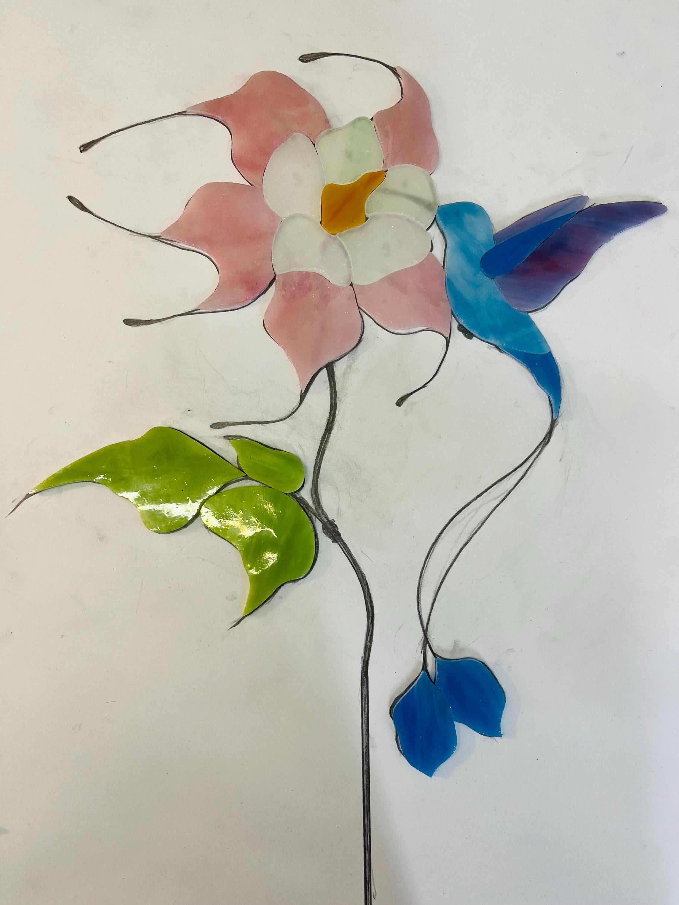 Stained glass hummingbird with clematis flower, suncatcher on wooden stand, Tiffany style table decor, Handmade Father's Day gift