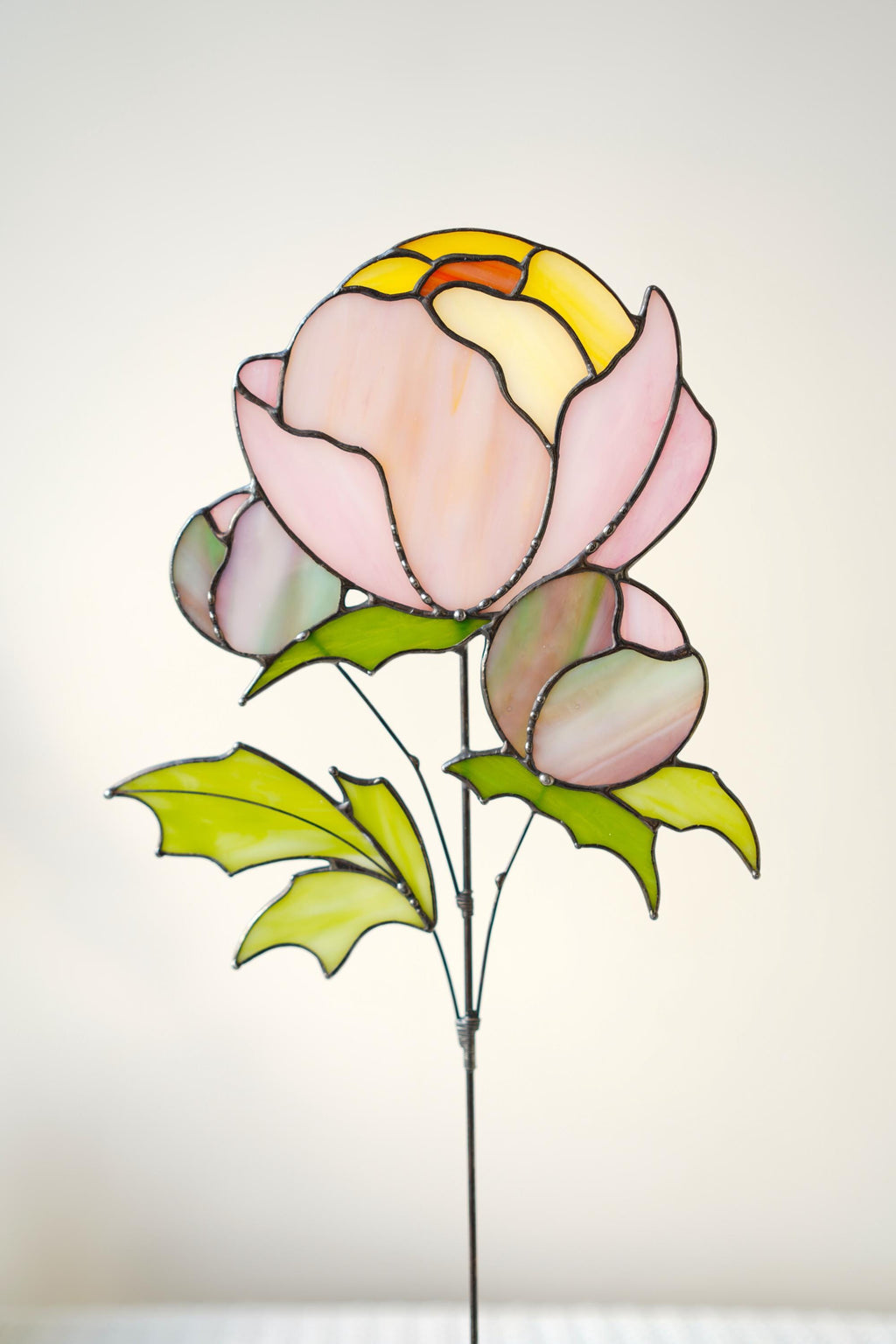 Stained glass peony flower suncatcher on wooden stand, 16x7 in. Tiffany glass sculpture for table or windowsill, Handmade Personalized gift