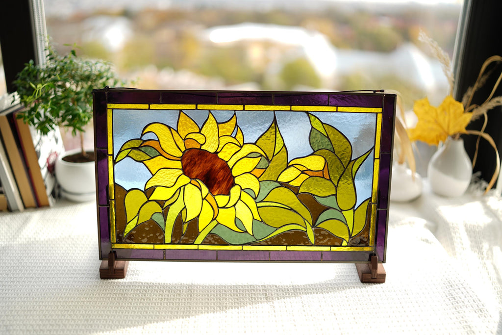 Tiffany Stained Glass Sunflower Panel: Floral Suncatcher with Wooden Stand