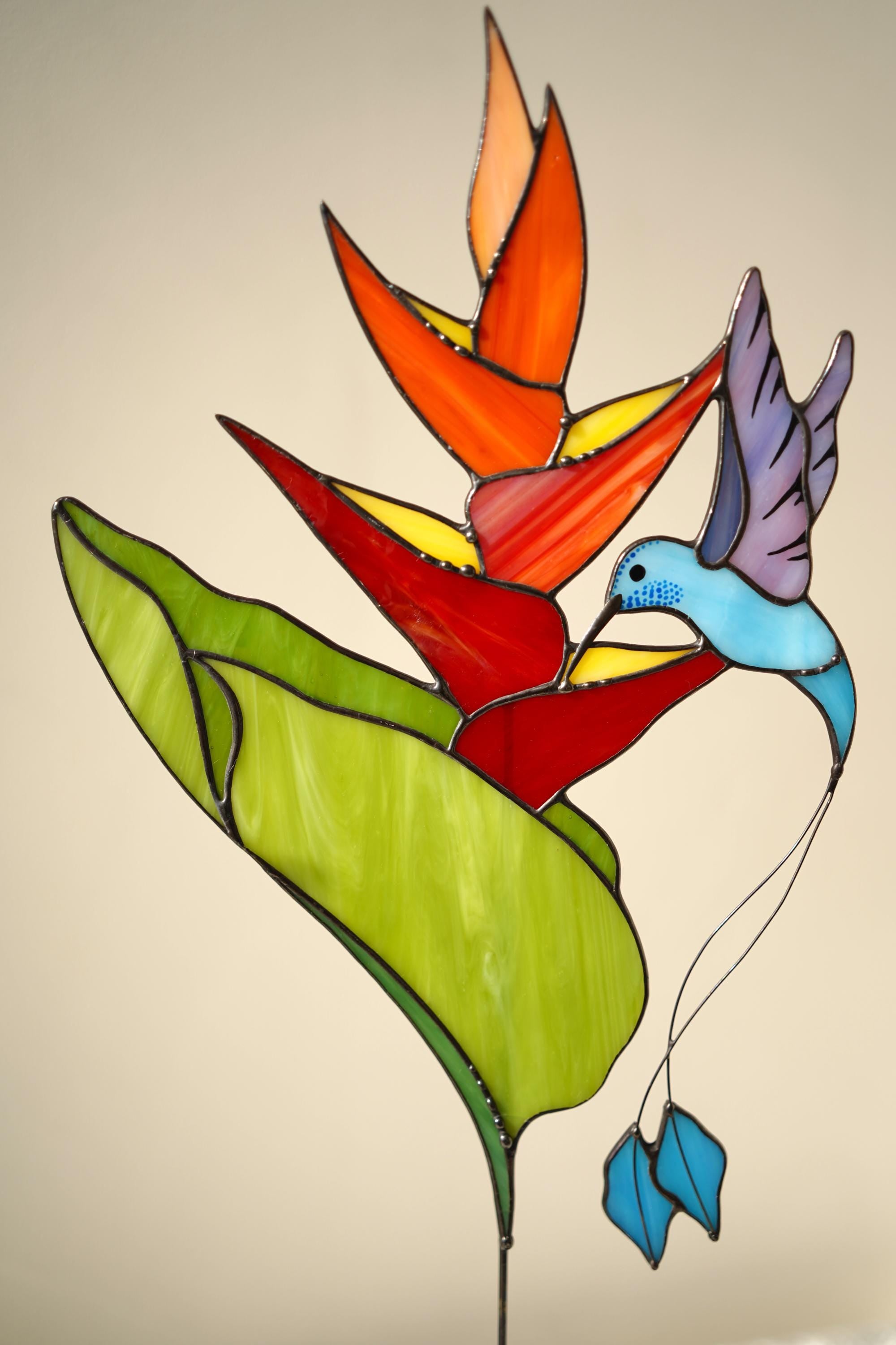 Stained Glass Hummingbird Suncatcher, Bird of Paradise, Tiffany Decor