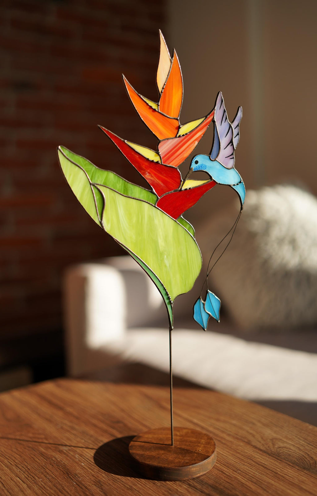 Stained Glass Hummingbird Suncatcher, Bird of Paradise, Tiffany Decor