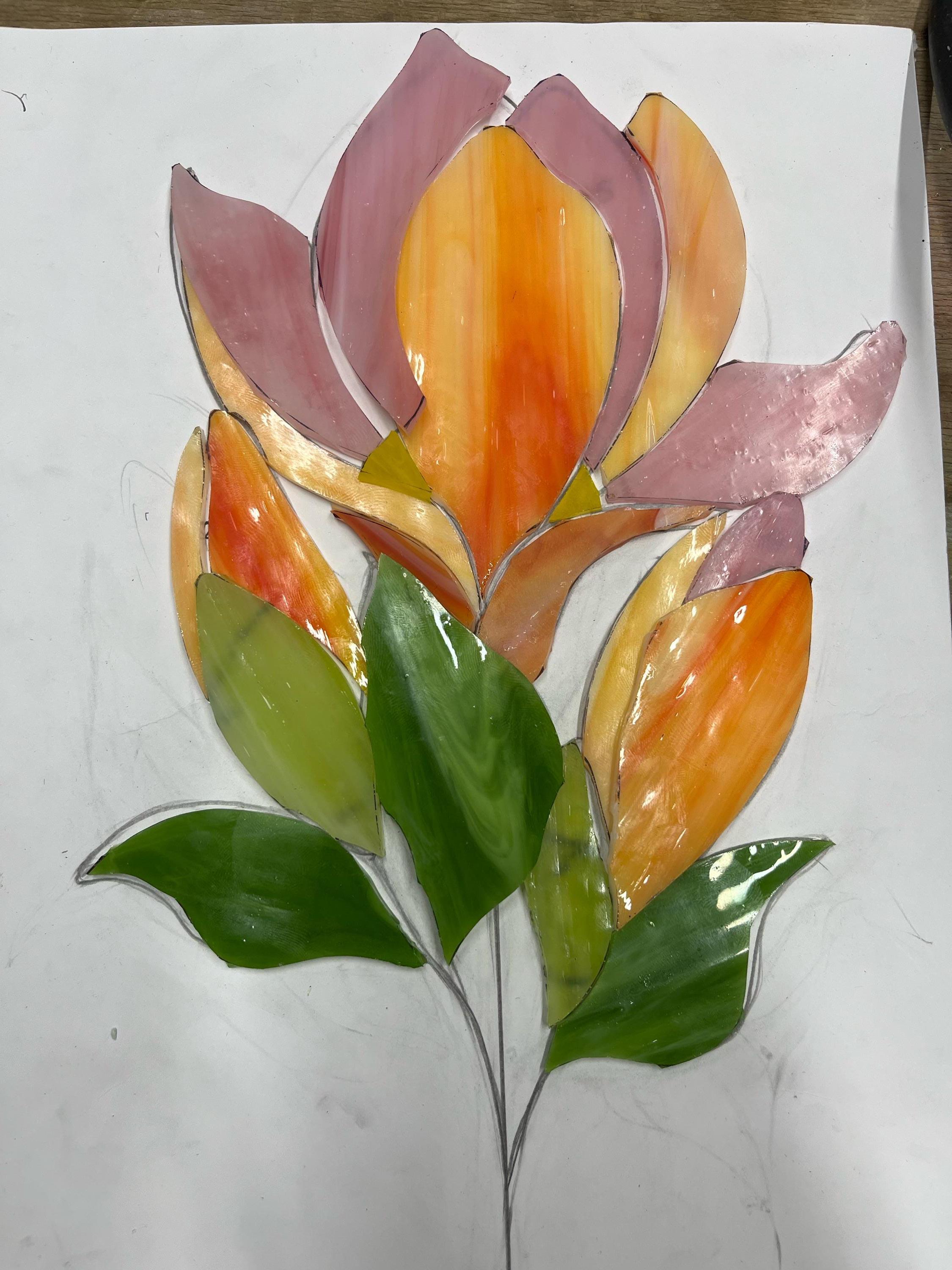 Handmade Stained Glass Magnolia Flower Sculpture, Floral Table Decor