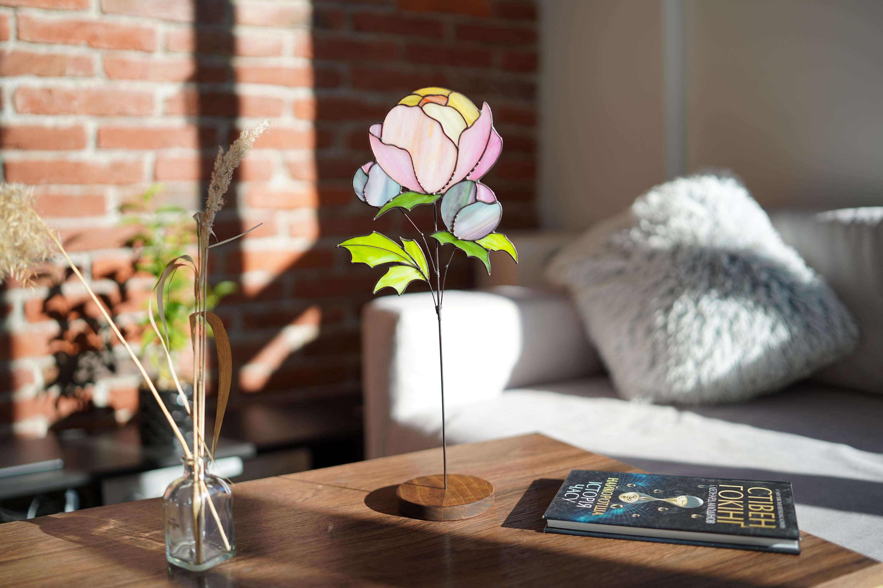 Stained glass peony flower suncatcher on wooden stand, 16x7 in. Tiffany glass sculpture for table or windowsill, Handmade Personalized gift