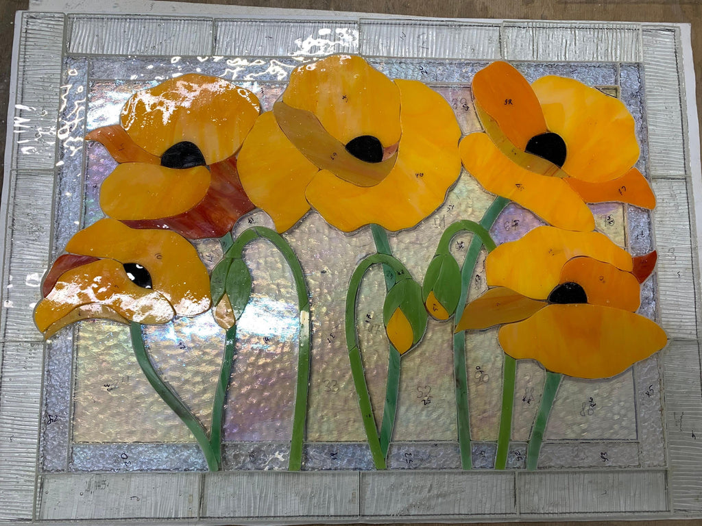 Stained Glass Orange Poppy Panel 15x11 Inch, Handmade California Poppy Window Hanging, Floral Wall Art, Tiffany Technique, Mothers Day Gift