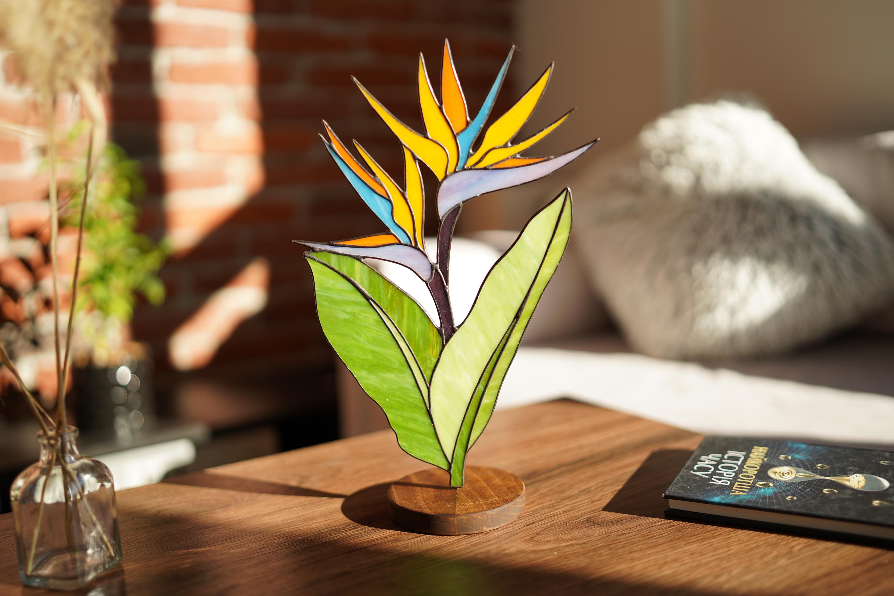 Stained Glass Bird of Paradise Flower Sculpture Tiffany Tropical Plant Decor Colorful Handmade Glass Art on Wooden Base Mother’s Day gift