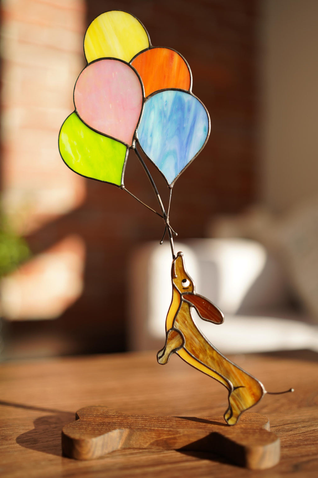 Stained Glass Dachshund with Balloons 13x6 Inch, Handmade Figurine for Dog Lovers, Unique Personalized Gift, Tiffany Glass Sculpture