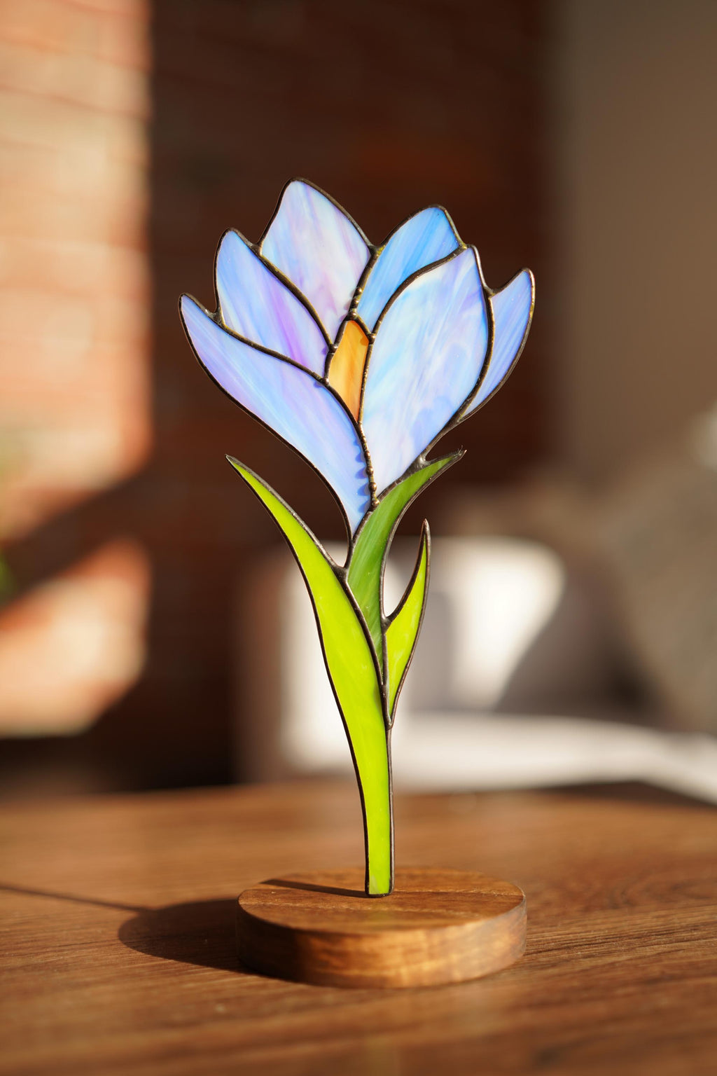 Stained Glass Crocus Flower 9x5.5 inch Suncatcher on Wooden Stand Table Ornament, Handmade Personalized gift, Tiffany Glass Art