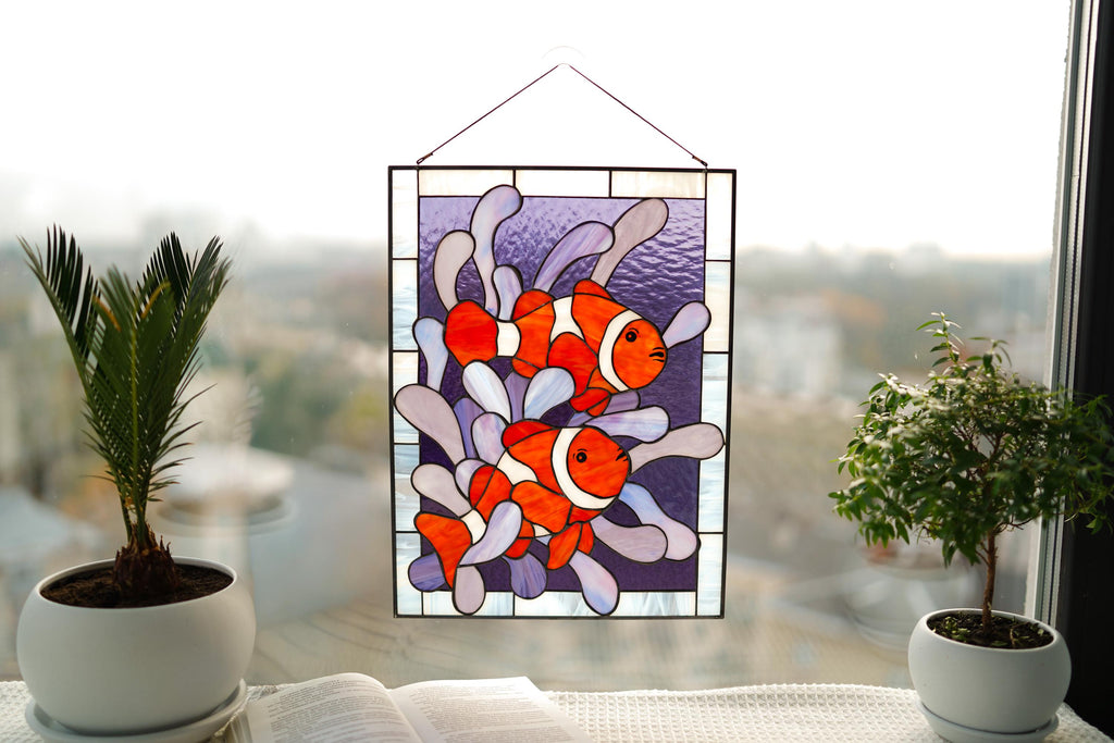 Clownfish Stained Glass Window Panel 11.5x15.5", Nautical Nemo Sun Catcher, Ocean Nursery Window Art, Tropical Fish Gift for Aquarium Lovers