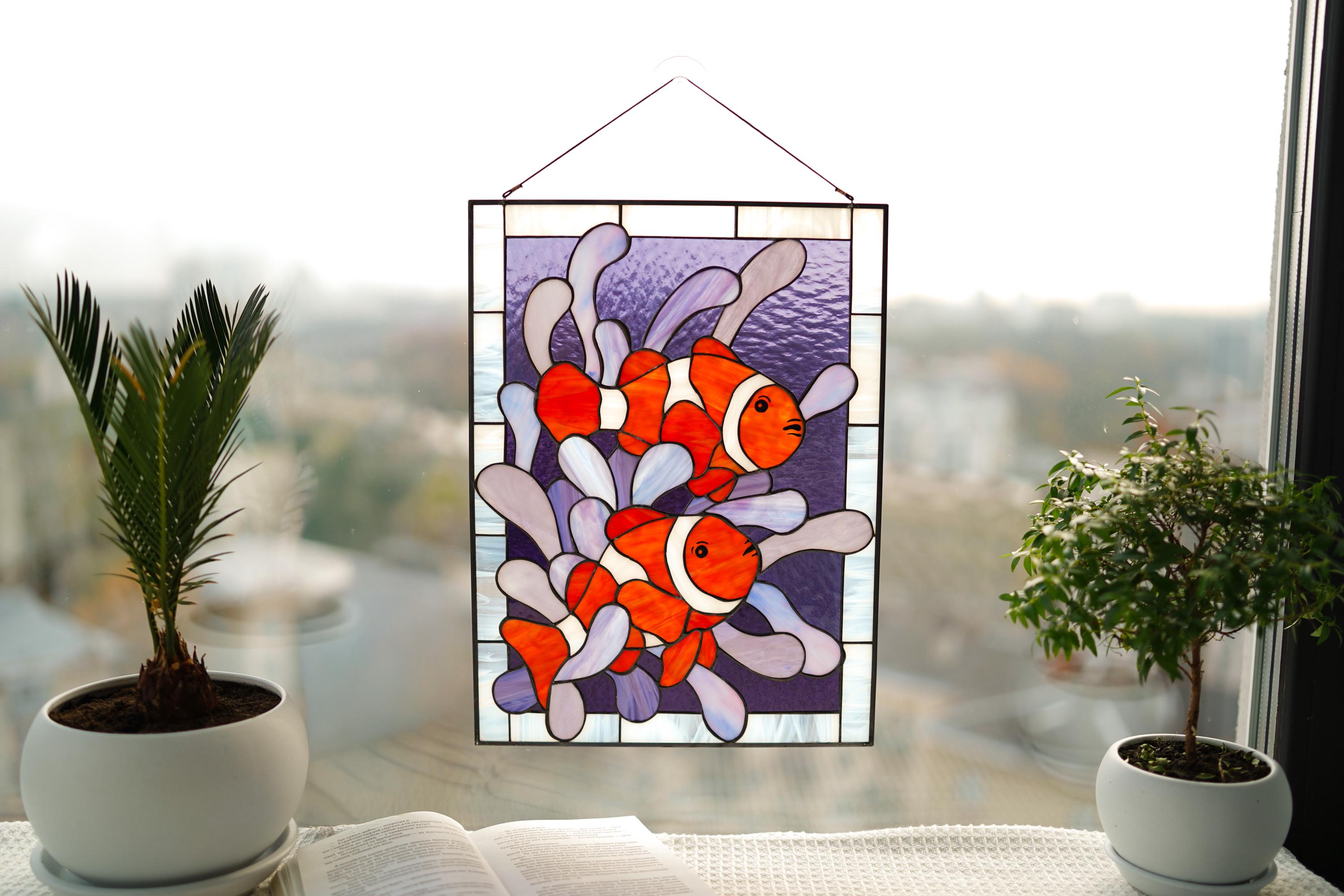 Clownfish Stained Glass Window Panel 11.5x15.5", Nautical Nemo Sun Catcher, Ocean Nursery Window Art, Tropical Fish Gift for Aquarium Lovers