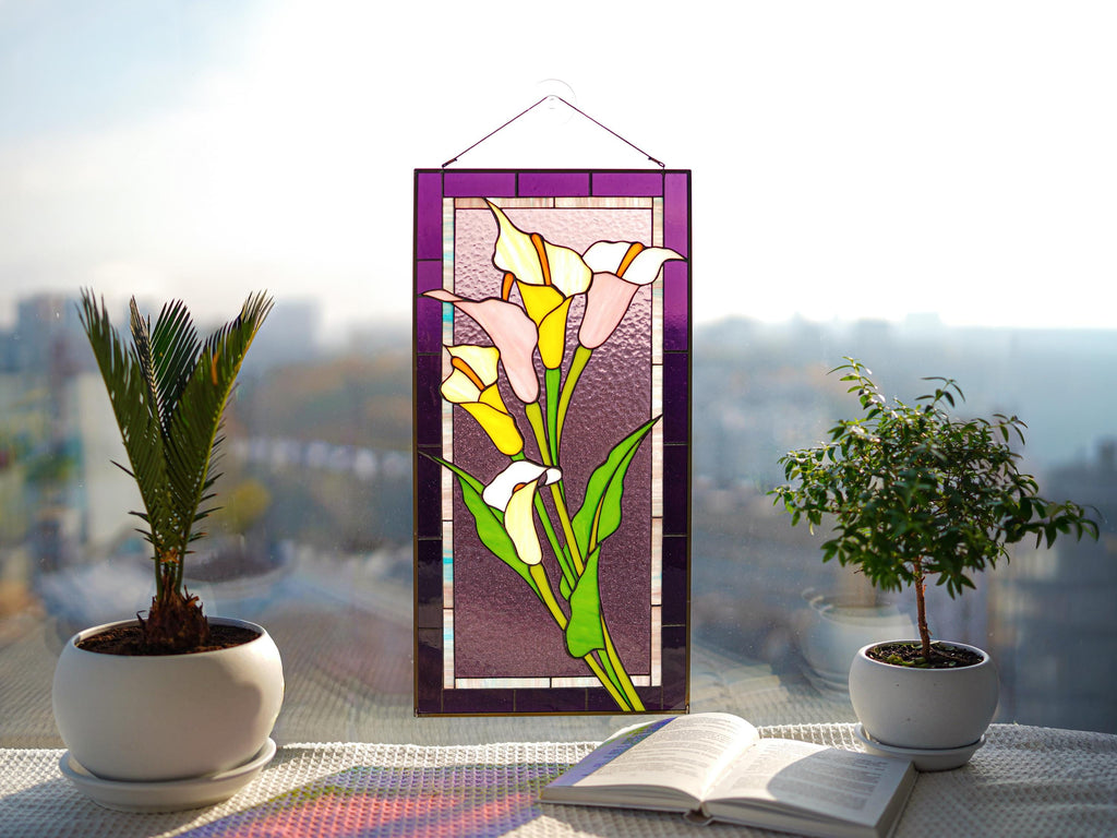 Stained Glass Panel Calla Lily, Pink Flower Window Hangings, Large Stained Glass Suncatcher Tiffany glass art, Handmade Mother’s Day gift