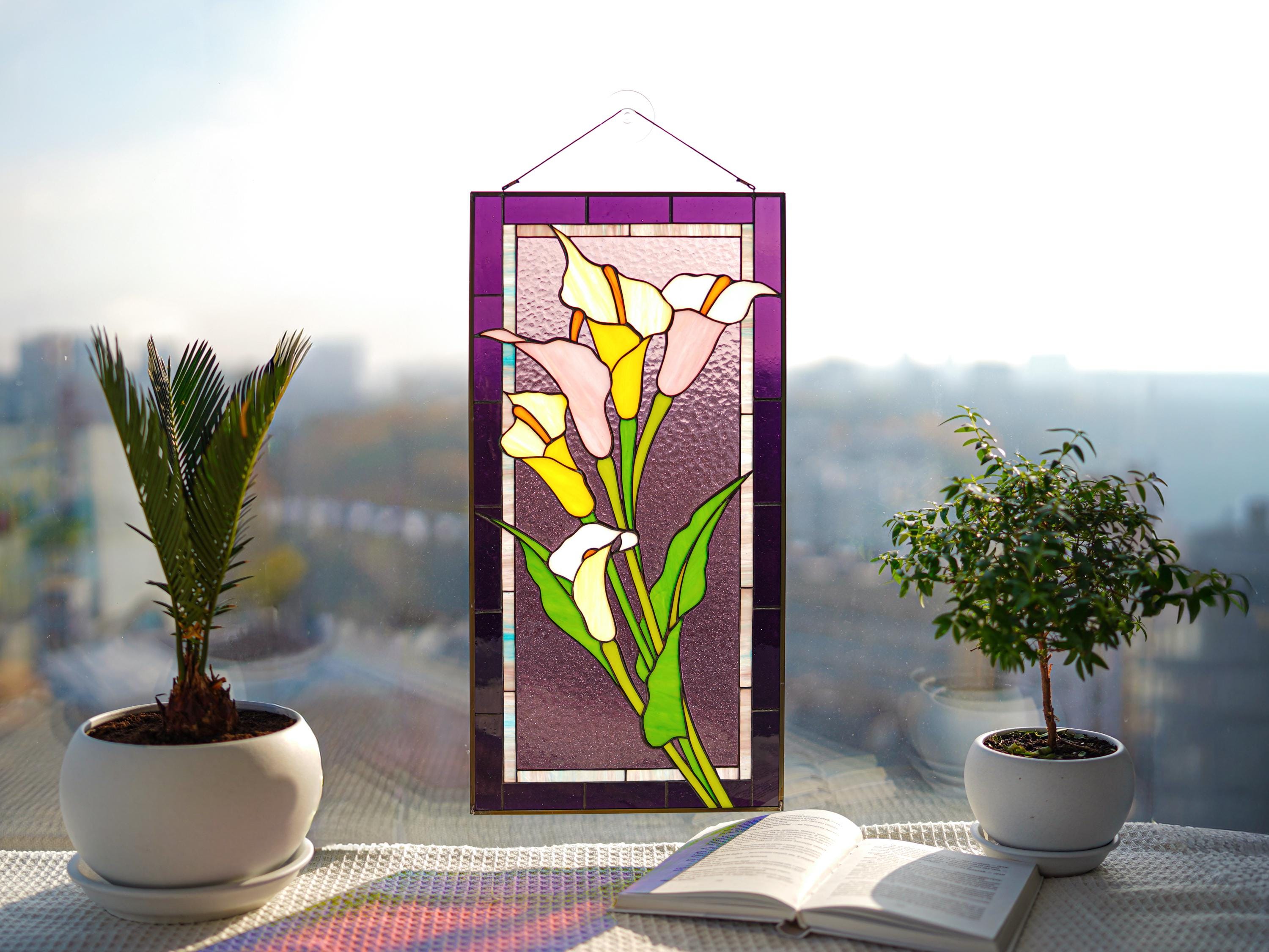 Stained Glass Panel Calla Lily, Pink Flower Window Hangings, Large Stained Glass Suncatcher Tiffany glass art, Handmade Mother’s Day gift