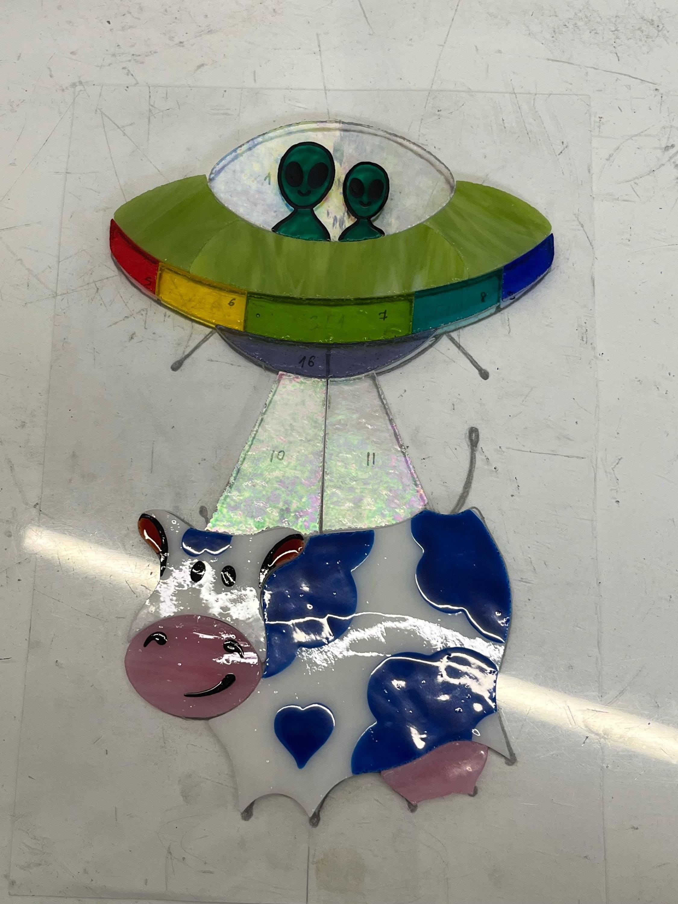 Stained Glass UFO Cow Abduction Suncatcher, Funny Alien Decor Handmade Window Hangings, Tiffany Glass Art