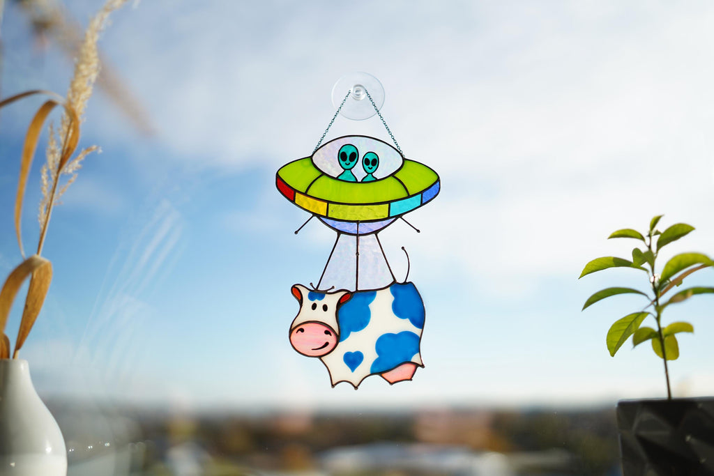 Stained Glass UFO Cow Abduction Suncatcher, Funny Alien Decor Handmade Window Hangings, Tiffany Glass Art