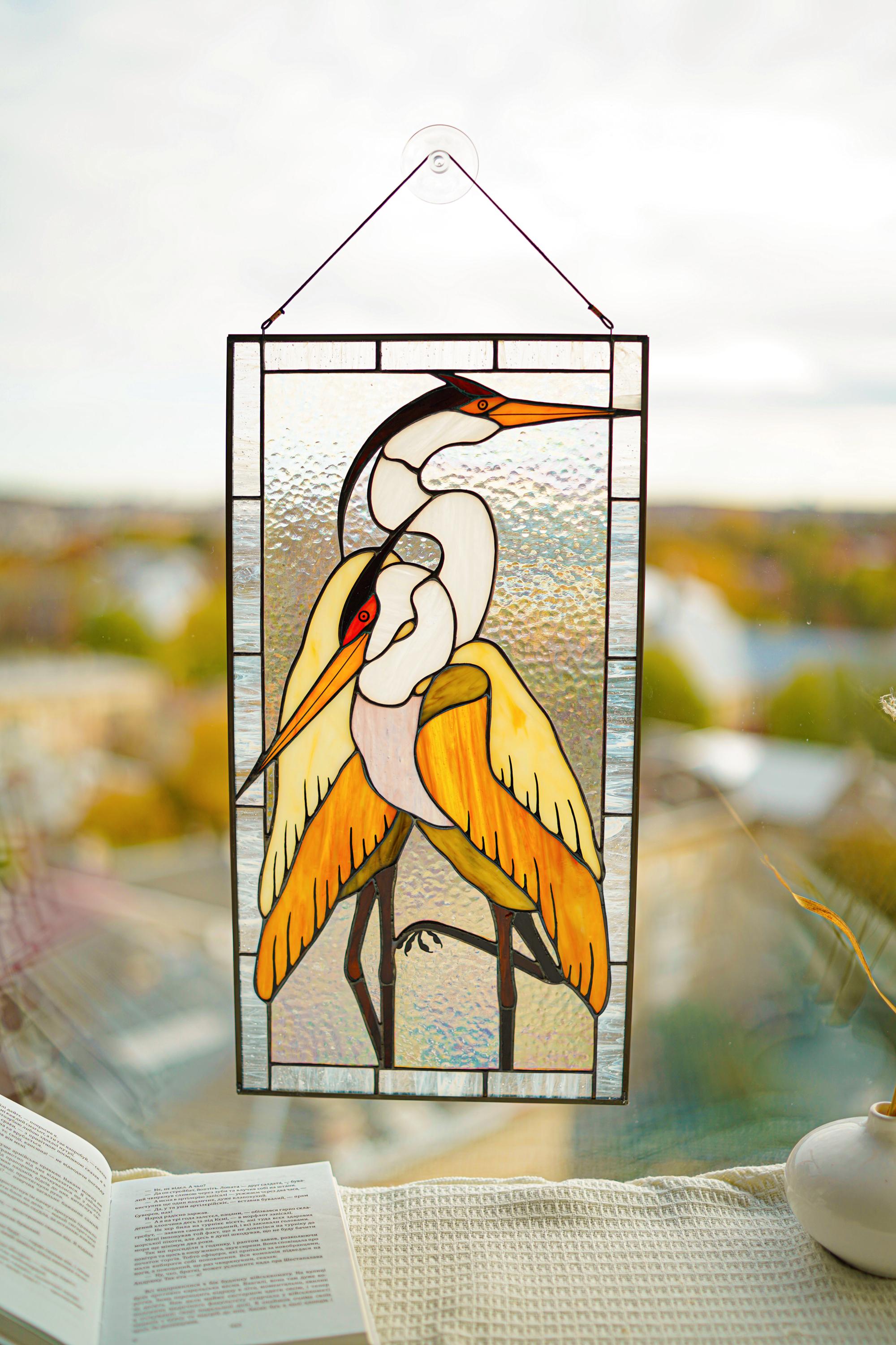 Stained Glass Window Panel, Pair of Herons, Tiffany Suncatcher, Window Hanging, Handmade Window Decor, Father's Day gift, Glass art