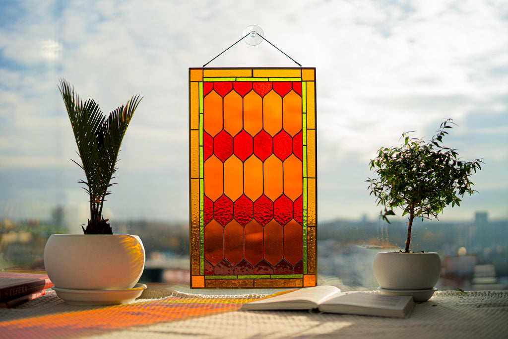 Geometric Stained Glass Panel: Red & Gold Window Hanging (10x19 inches) Mother’s Day gift, Glass art