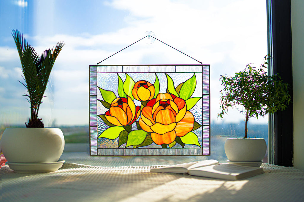 Orange Peony Stained Glass Window Hanging, Horizontal Window Panel Flower Stained Glass Suncatcher Tiffany Window Decor Personalized gift