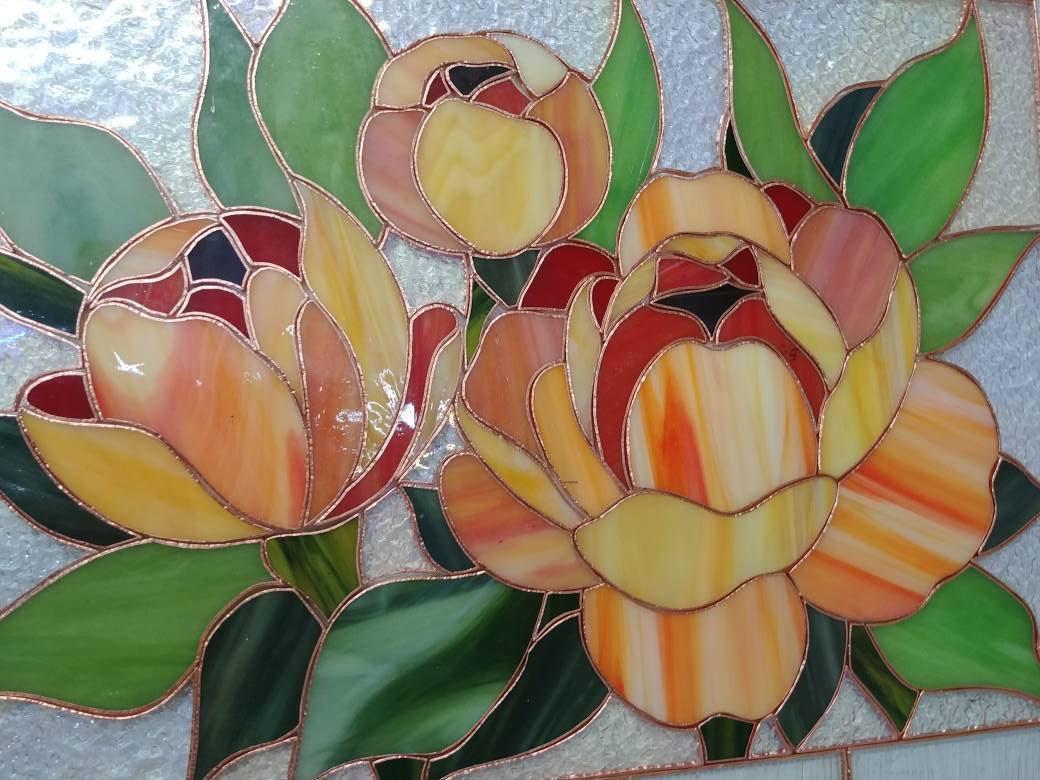 Orange Peony Stained Glass Window Hanging, Horizontal Window Panel Flower Stained Glass Suncatcher Tiffany Window Decor Personalized gift
