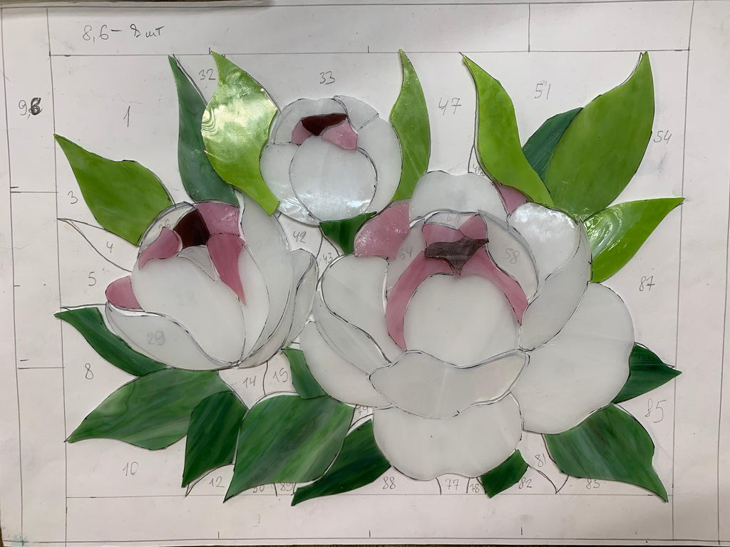 White peony stained glass panel, Flower window hangings Flower stained glass suncatcher, Tiffany window decor, Mother’s Day gift, Glass art
