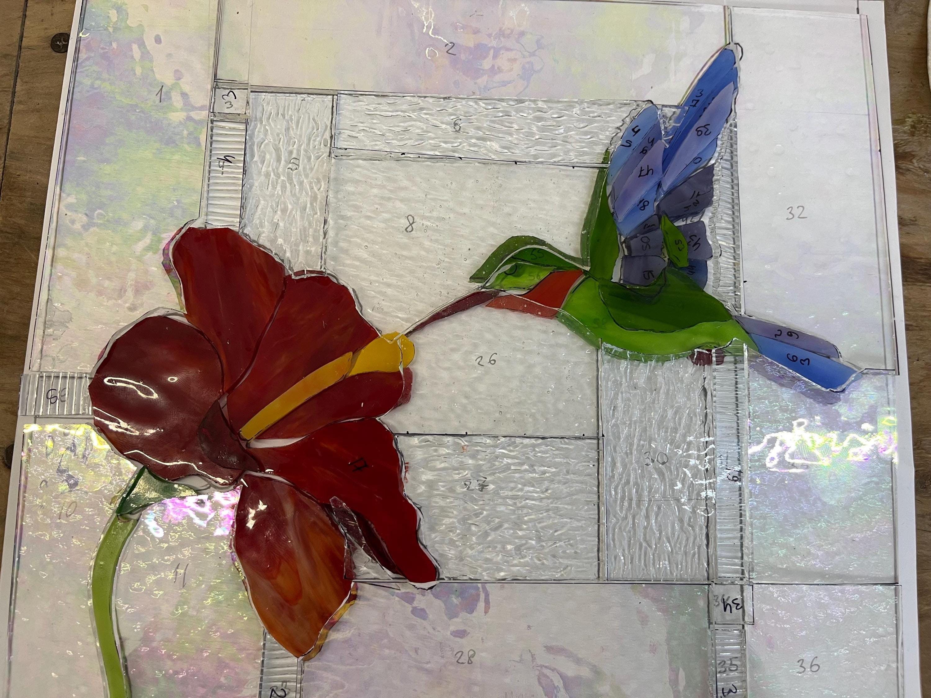 Stained glass panel, hummingbird and Red hibiscus flower, Tiffany suncatcher, Personalized gift, Handmade window panel 12x11 in. Glass art