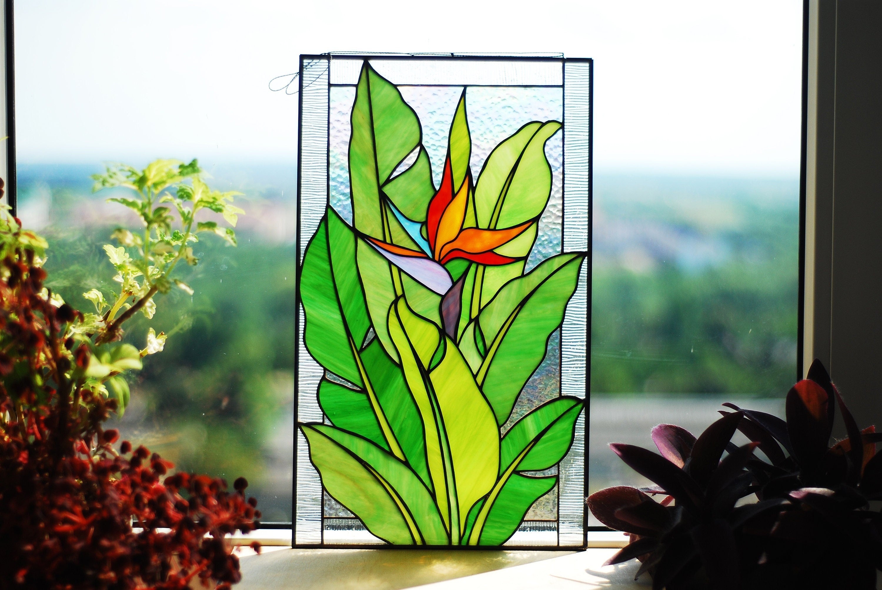 Stained Glass Window Panel Bird of Paradise, Floral Window Hangings, Colorful Flower Suncatcher, Personalized gift, Tiffany Glass Art