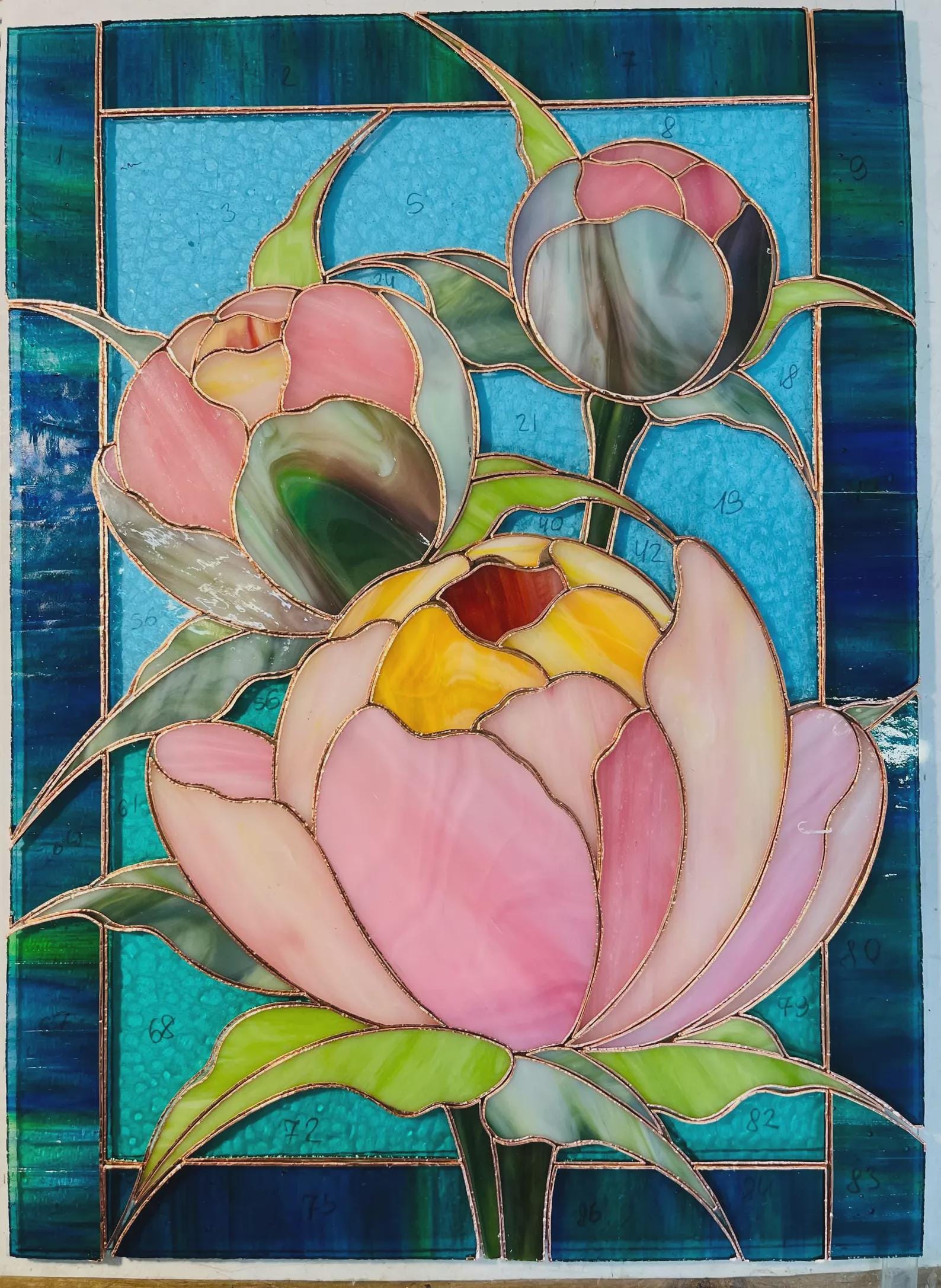 Tiffany Stained Glass Peony Panel, Floral Suncatcher with Wooden Stand