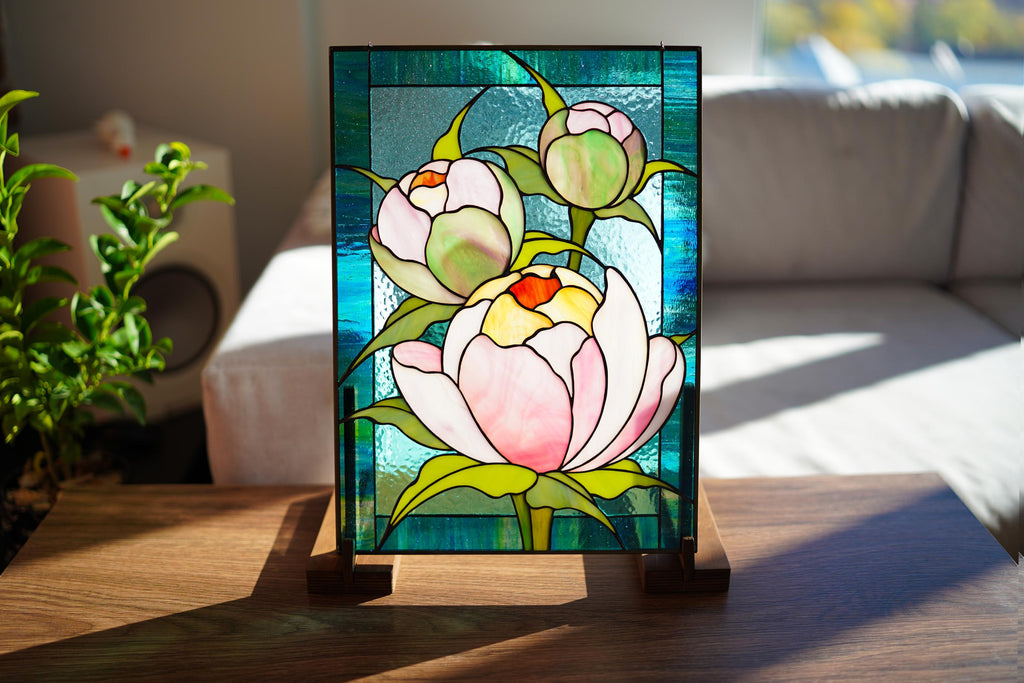 Tiffany Stained Glass Peony Panel, Floral Suncatcher with Wooden Stand