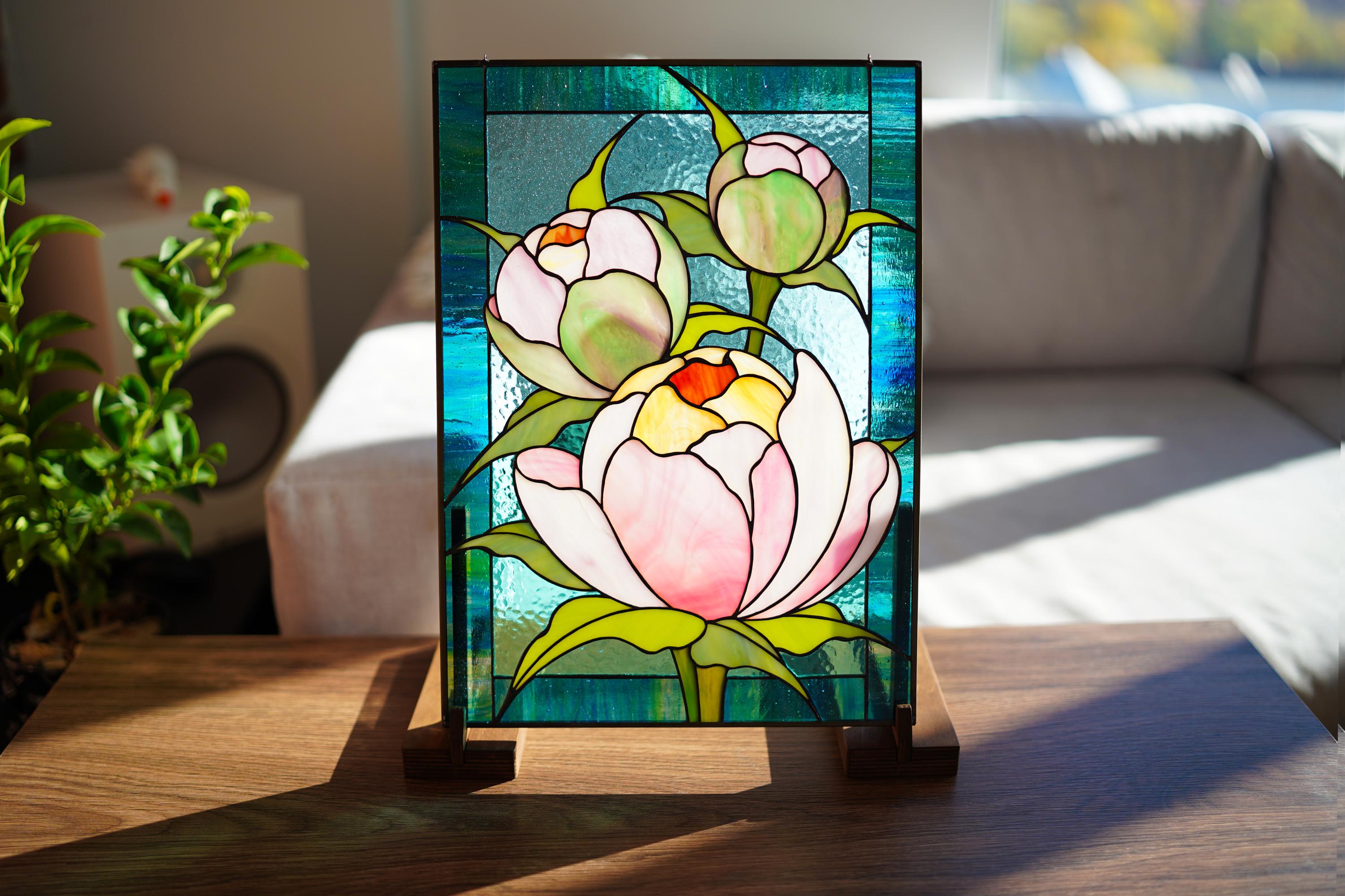 Tiffany Stained Glass Peony Panel, Floral Suncatcher with Wooden Stand